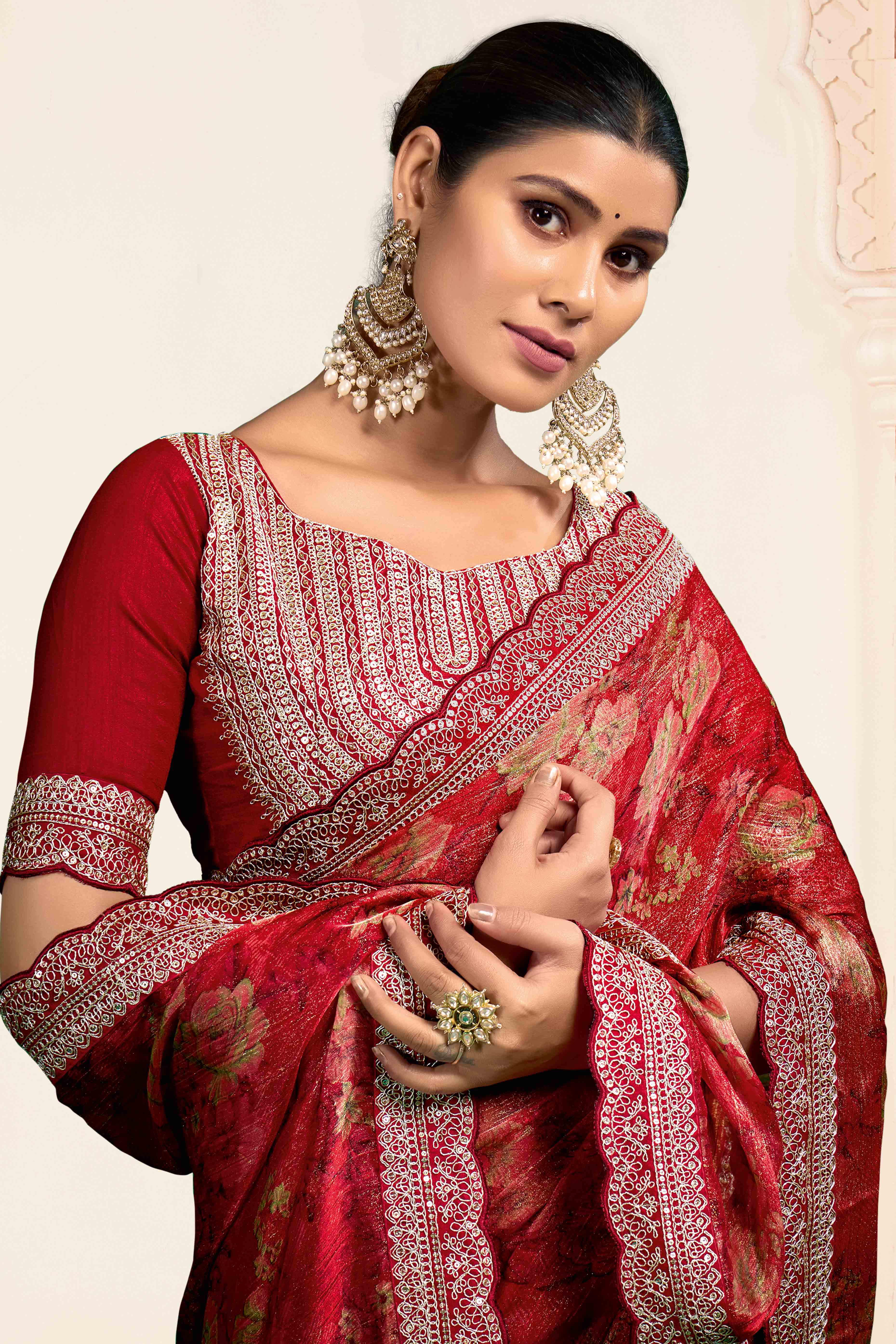 Red Floral Printed Jimmy Choo Chiffon Saree With Embroidery On Border