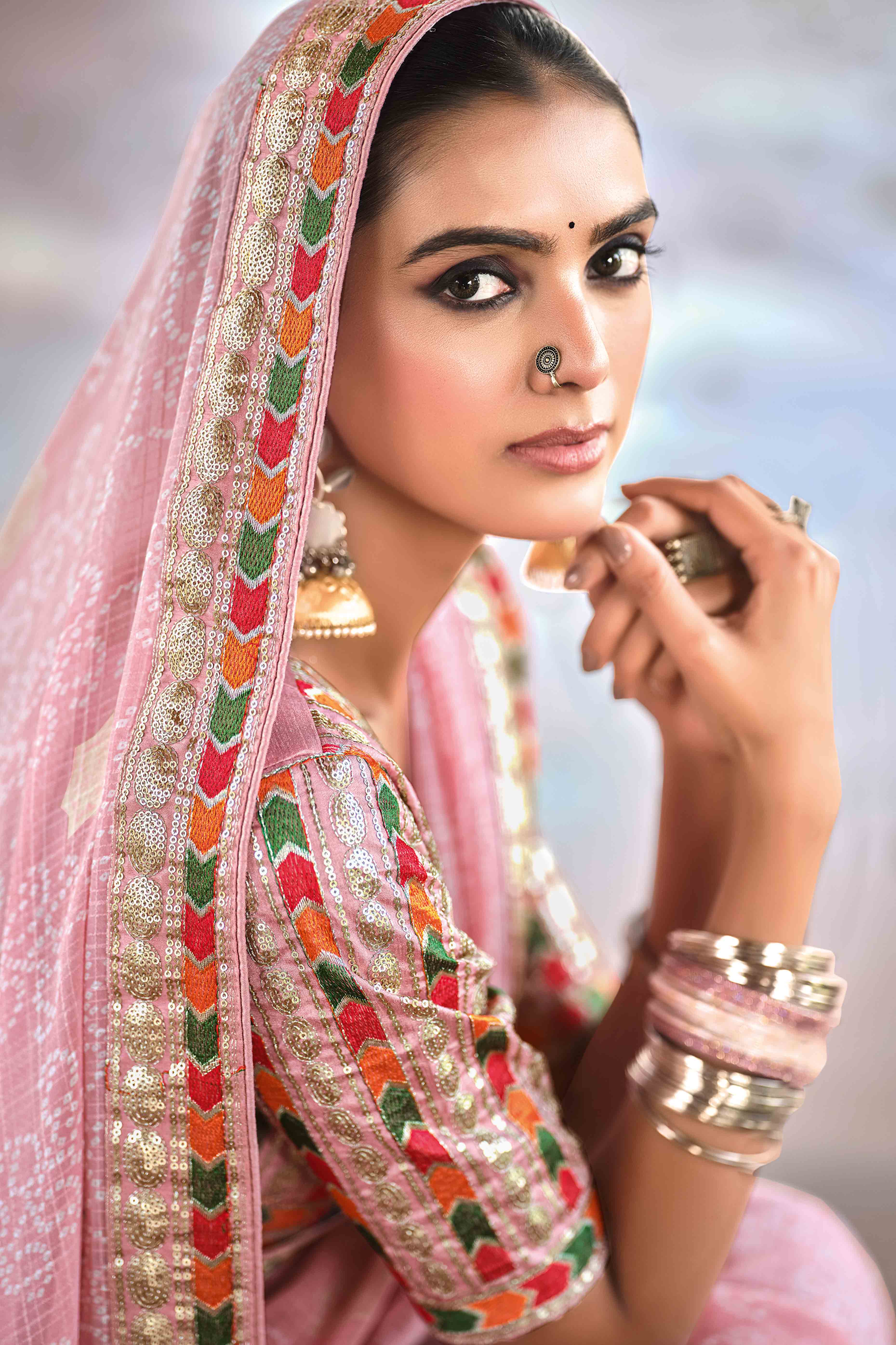 Pink Bandhani Printed Georgette Saree With Glittering Sequin Embroidered Border