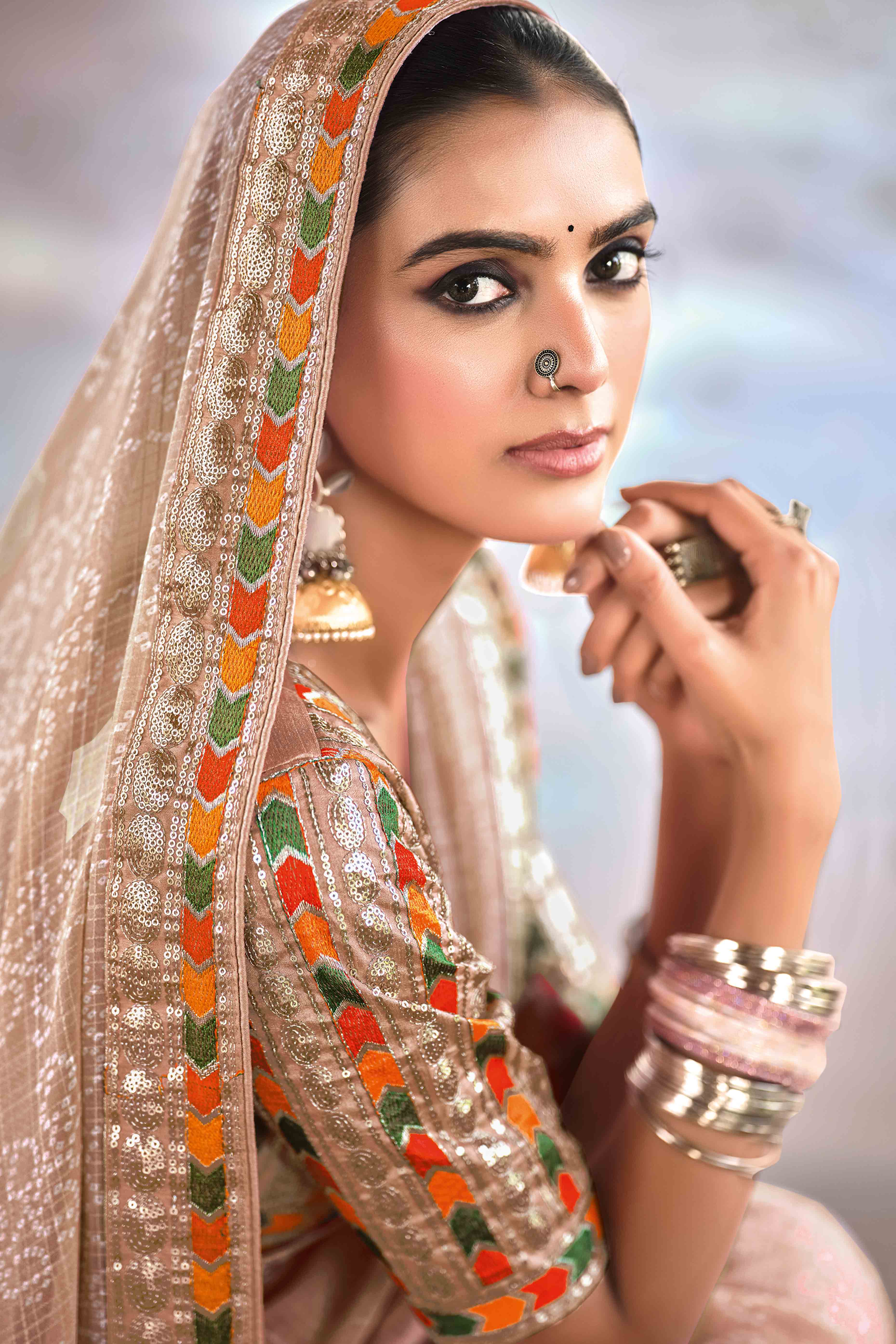 Brown Bandhani Printed Georgette Saree With Glittering Sequin Embroidered Border