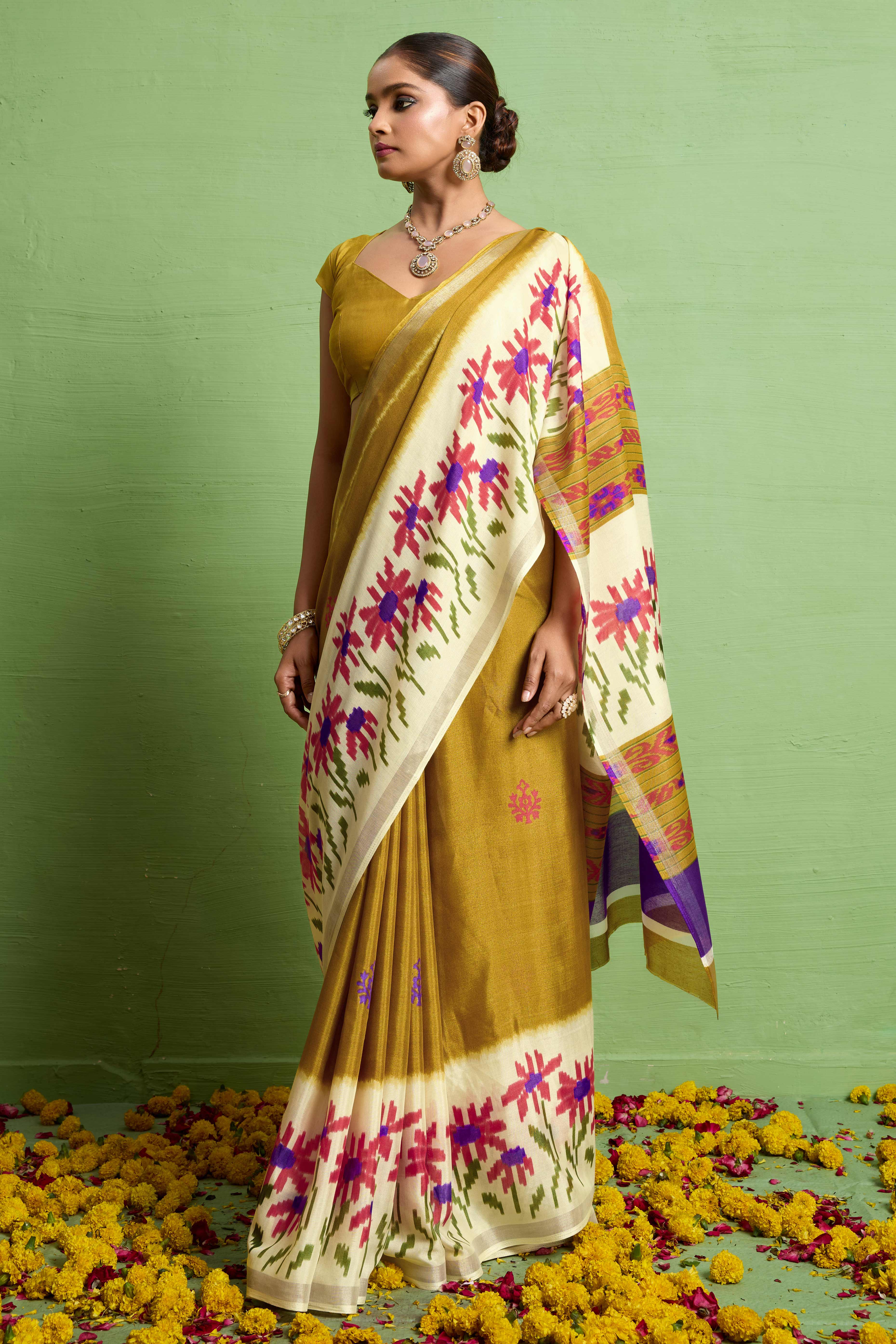 Traditional Mustard Silk Blend Saree with Ikkat Print & Zari Edging