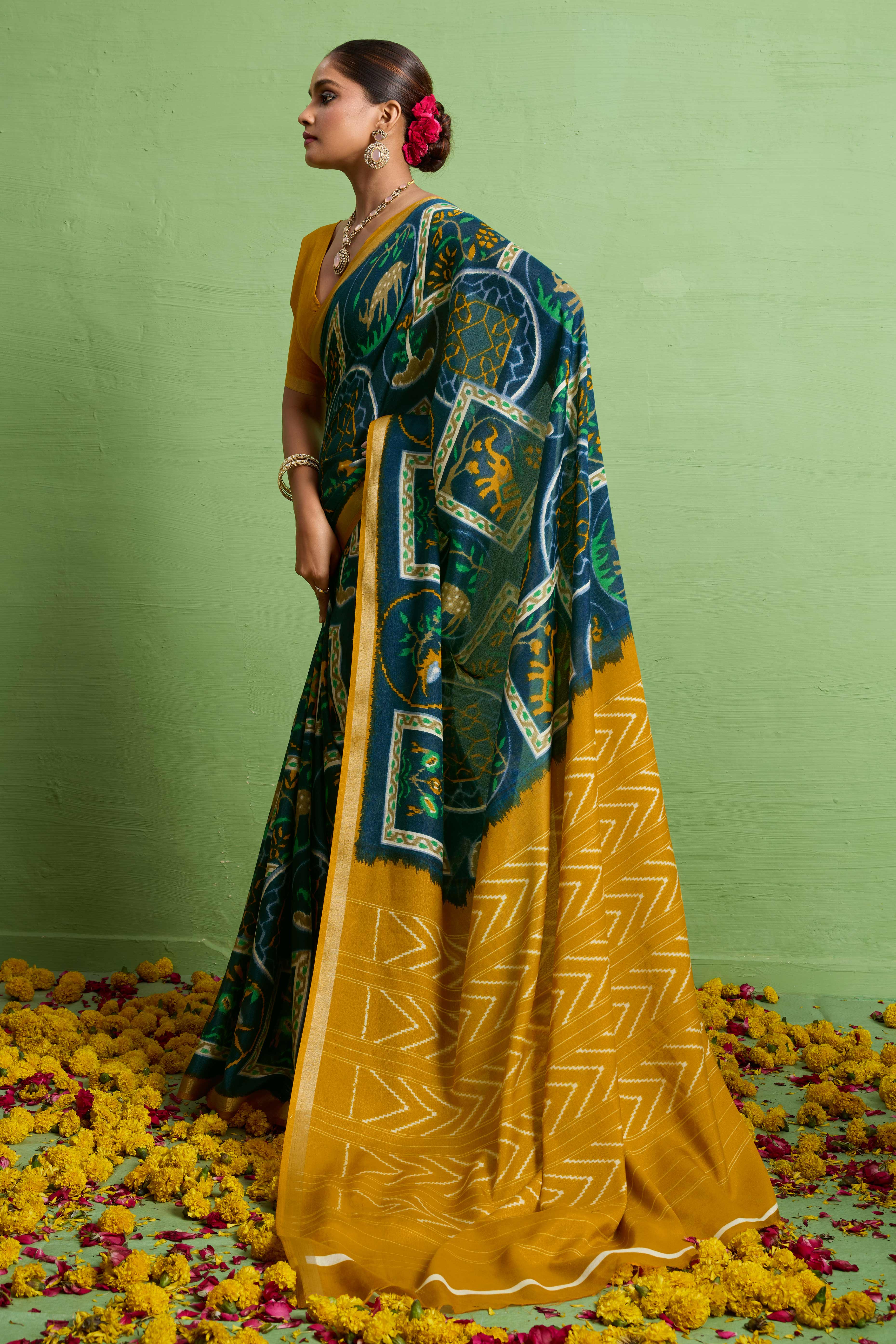 Traditional Morpich Blue Silk Blend Saree with Ikkat Print & Zari Edging