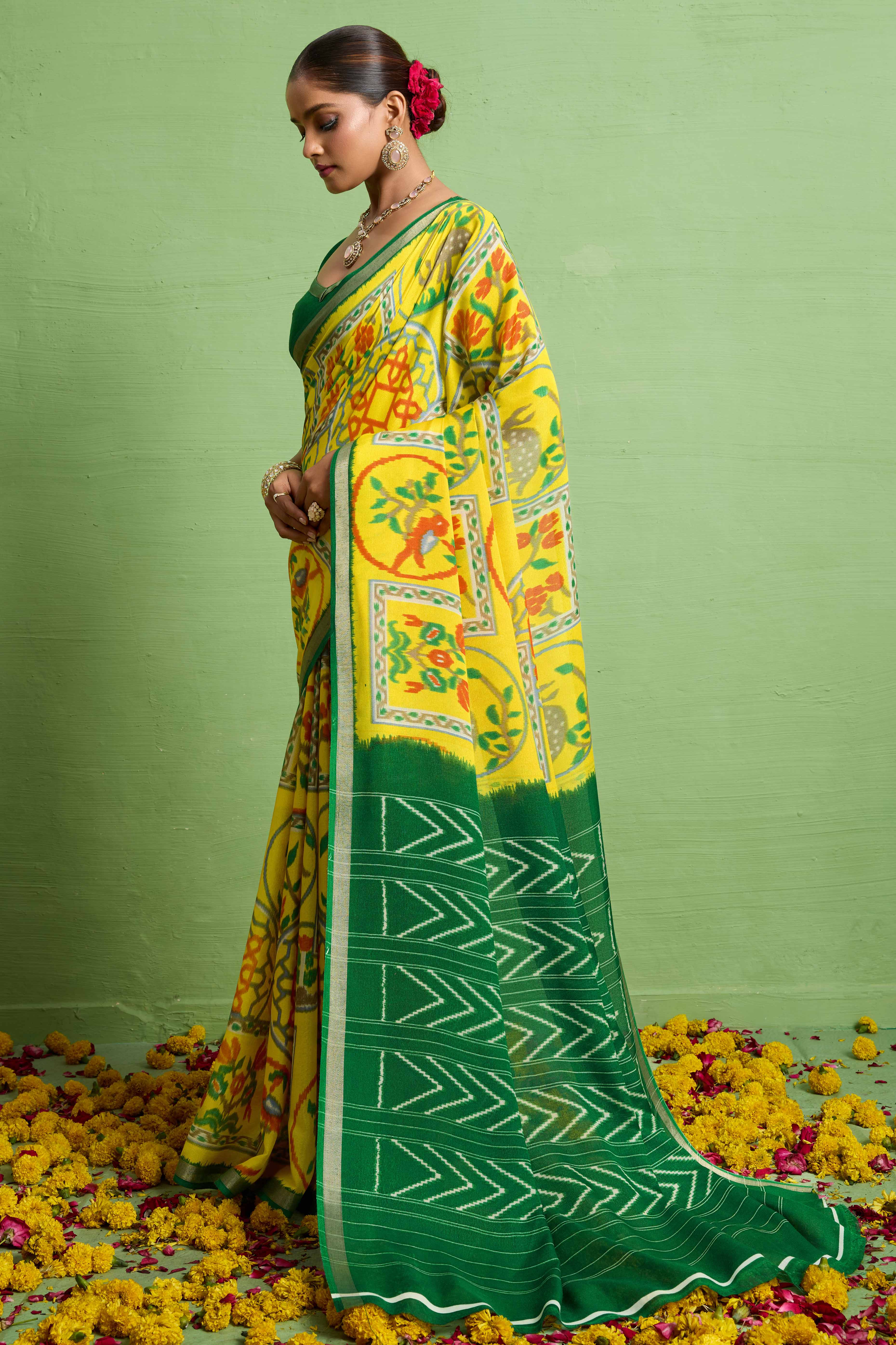 Traditional Yellow Silk Blend Saree with Ikkat Print & Zari Edging