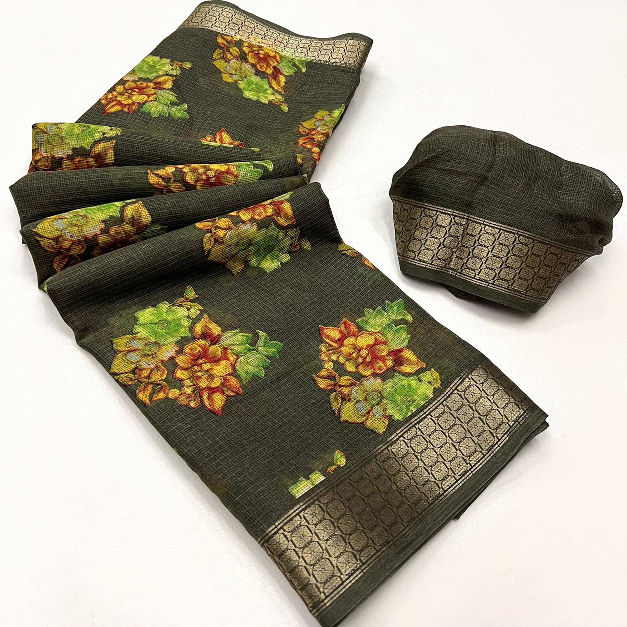 Mehandi Green Floral Printed Cotton Silk Saree