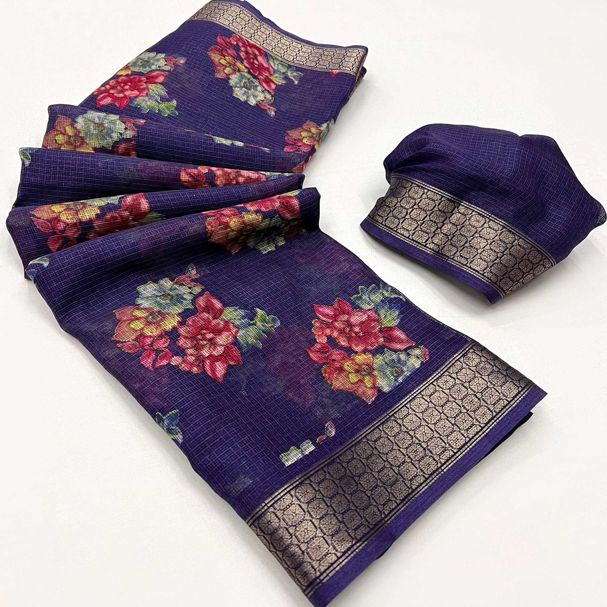 Purple Floral Printed Cotton Silk Saree