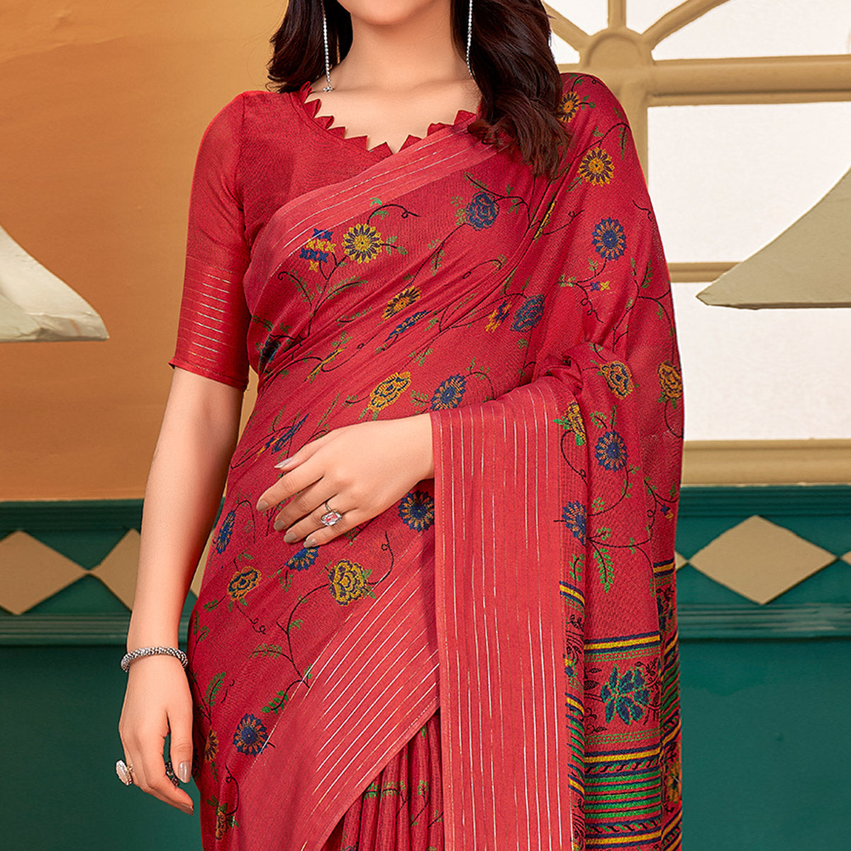 Red Floral Printed Linen Saree