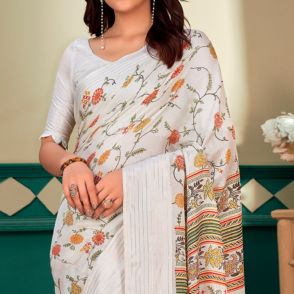 White Floral Printed Linen Saree