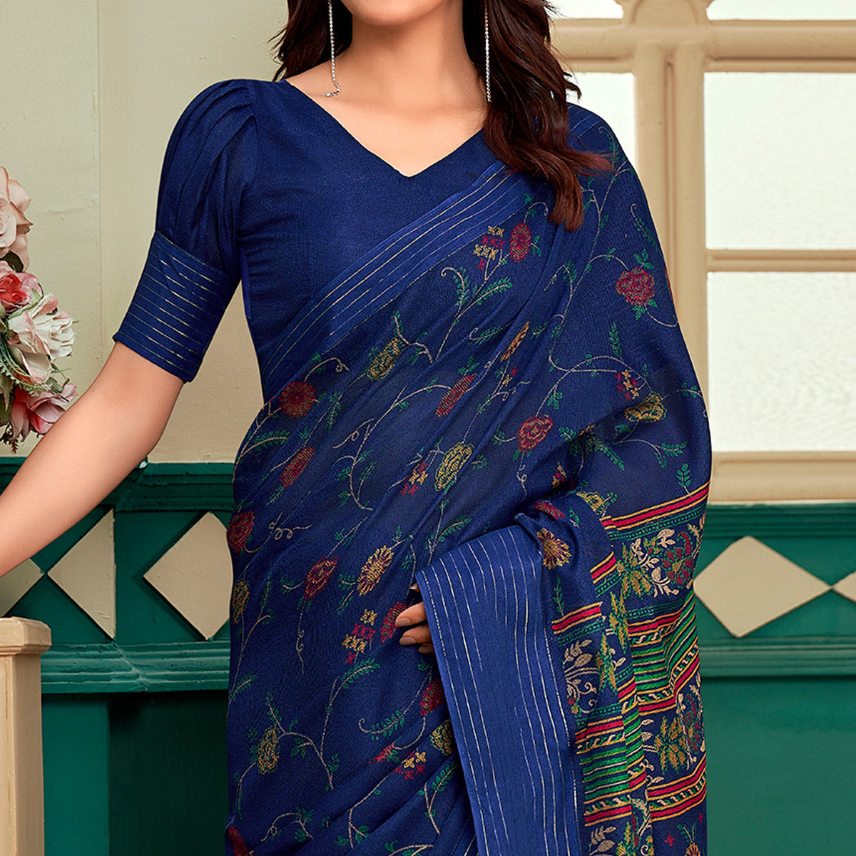 Navy Blue Floral Printed Linen Saree