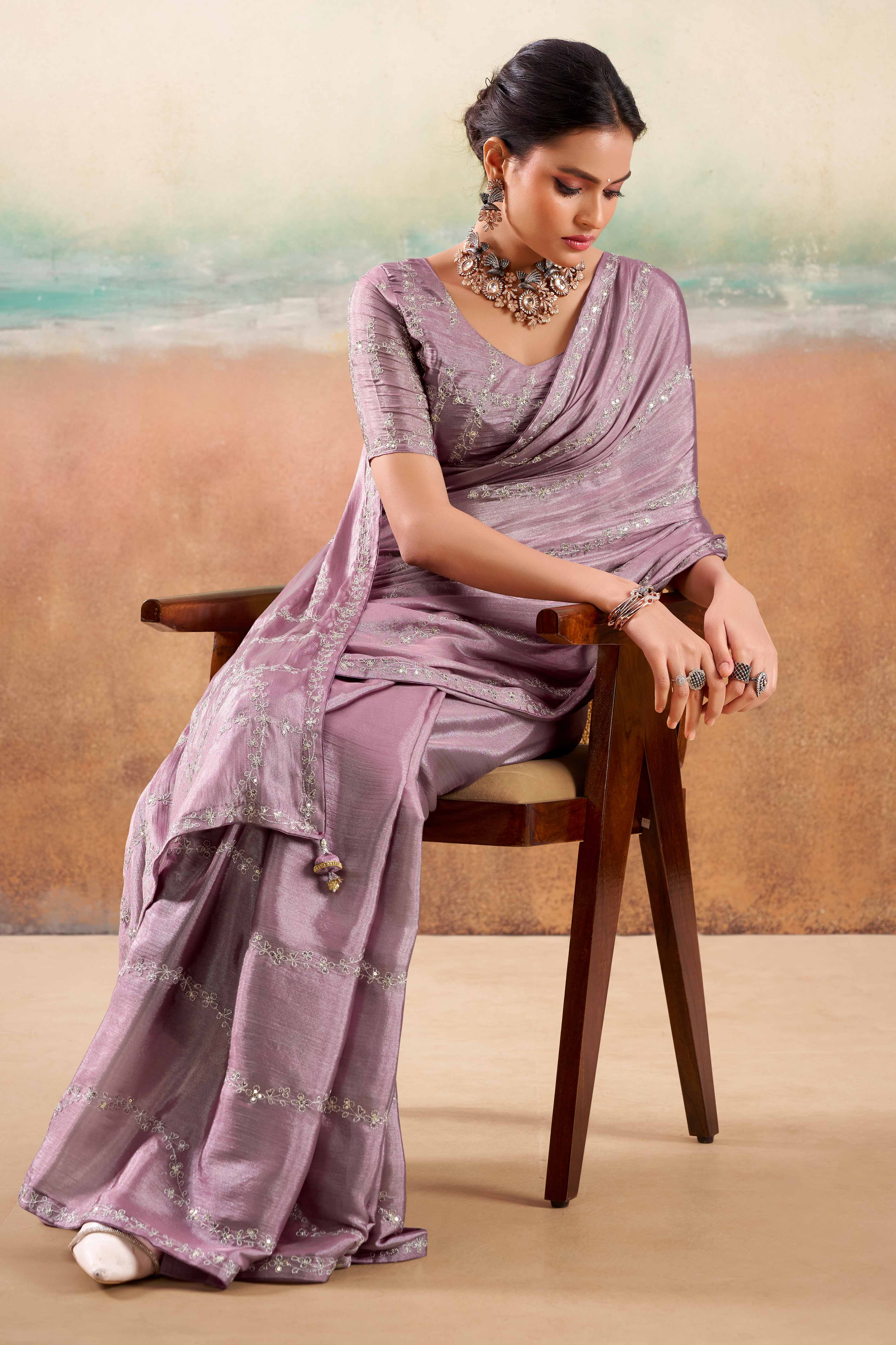 Dusty Purple Two Tone Chiffon Saree Adorned With Floral Cording Embroidery & Sequins Work