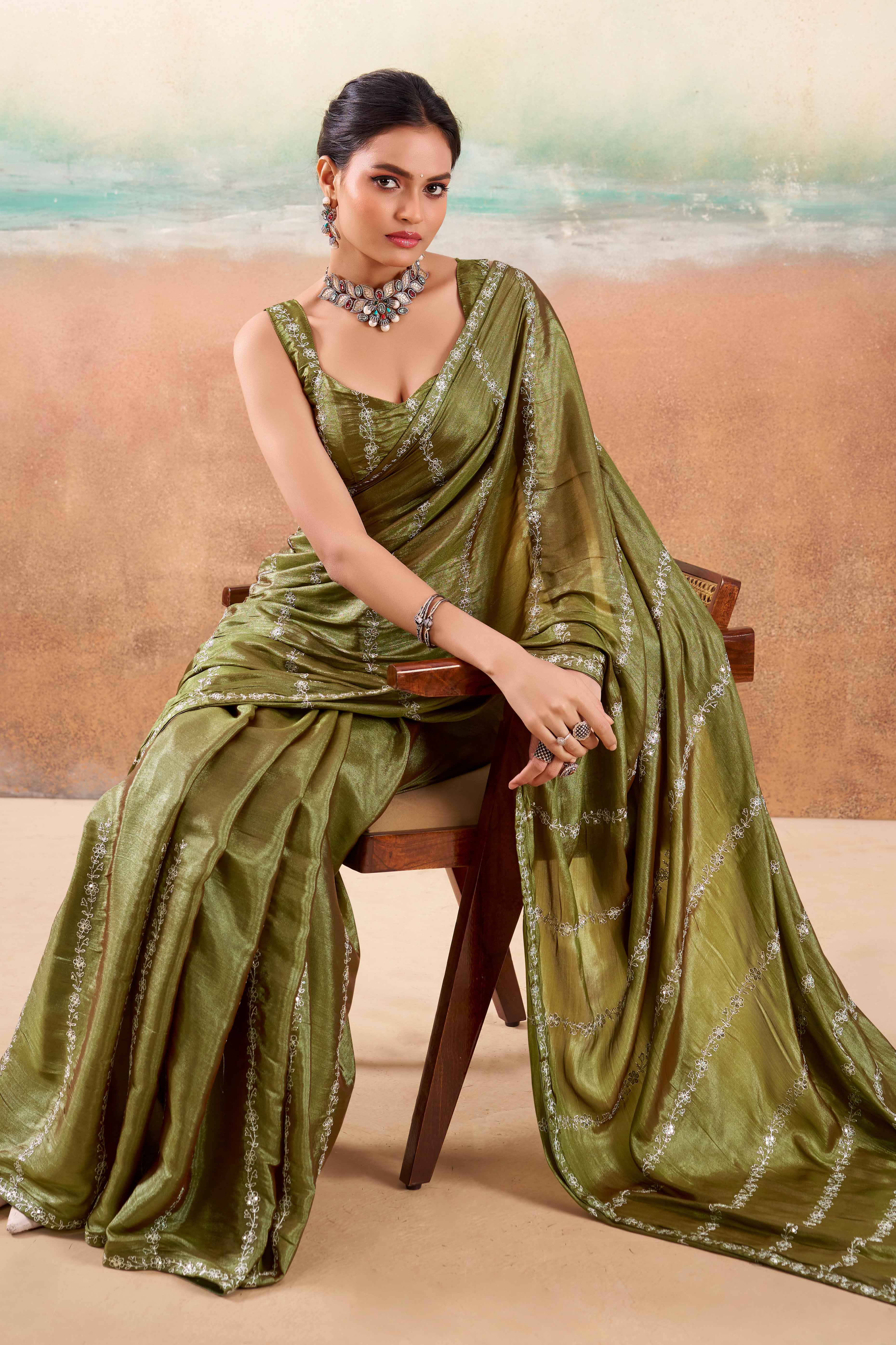 Olive Two Tone Chiffon Saree Adorned With Floral Cording Embroidery & Sequins Work