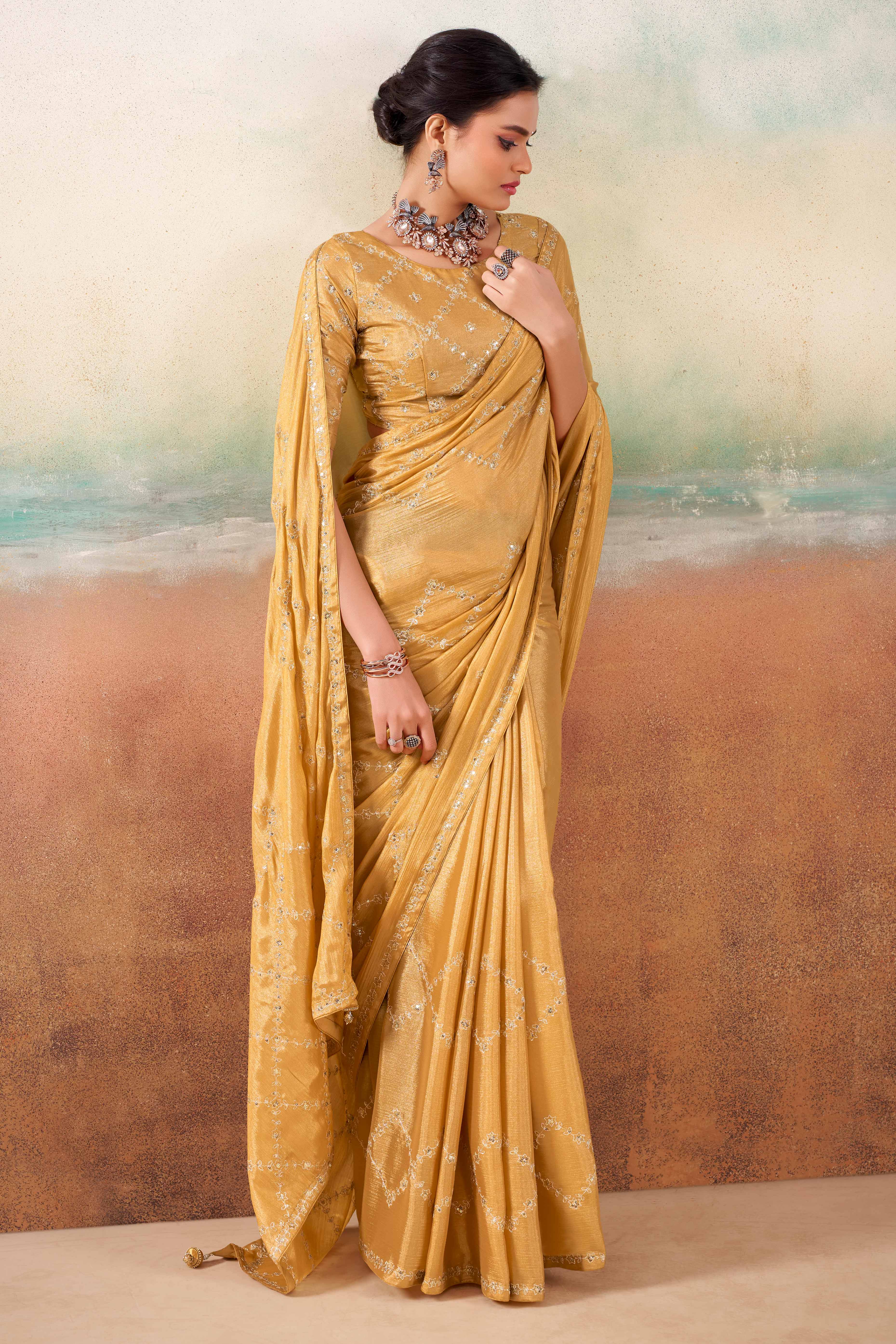 Chikoo Two Tone Chiffon Saree Adorned With Floral Cording Embroidery & Sequins Work