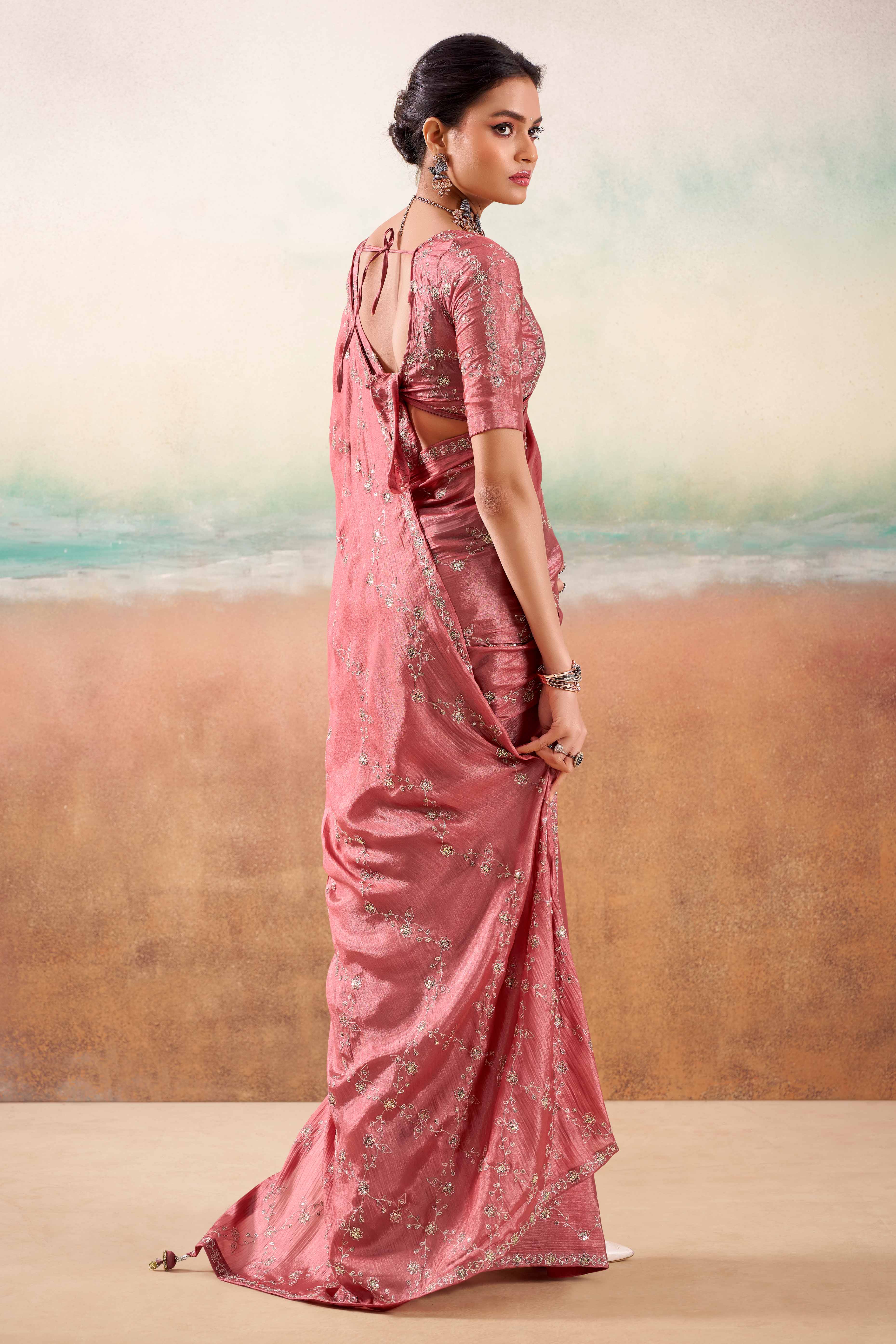 Dusty Pink Two Tone Chiffon Saree Adorned With Floral Cording Embroidery & Sequins Work