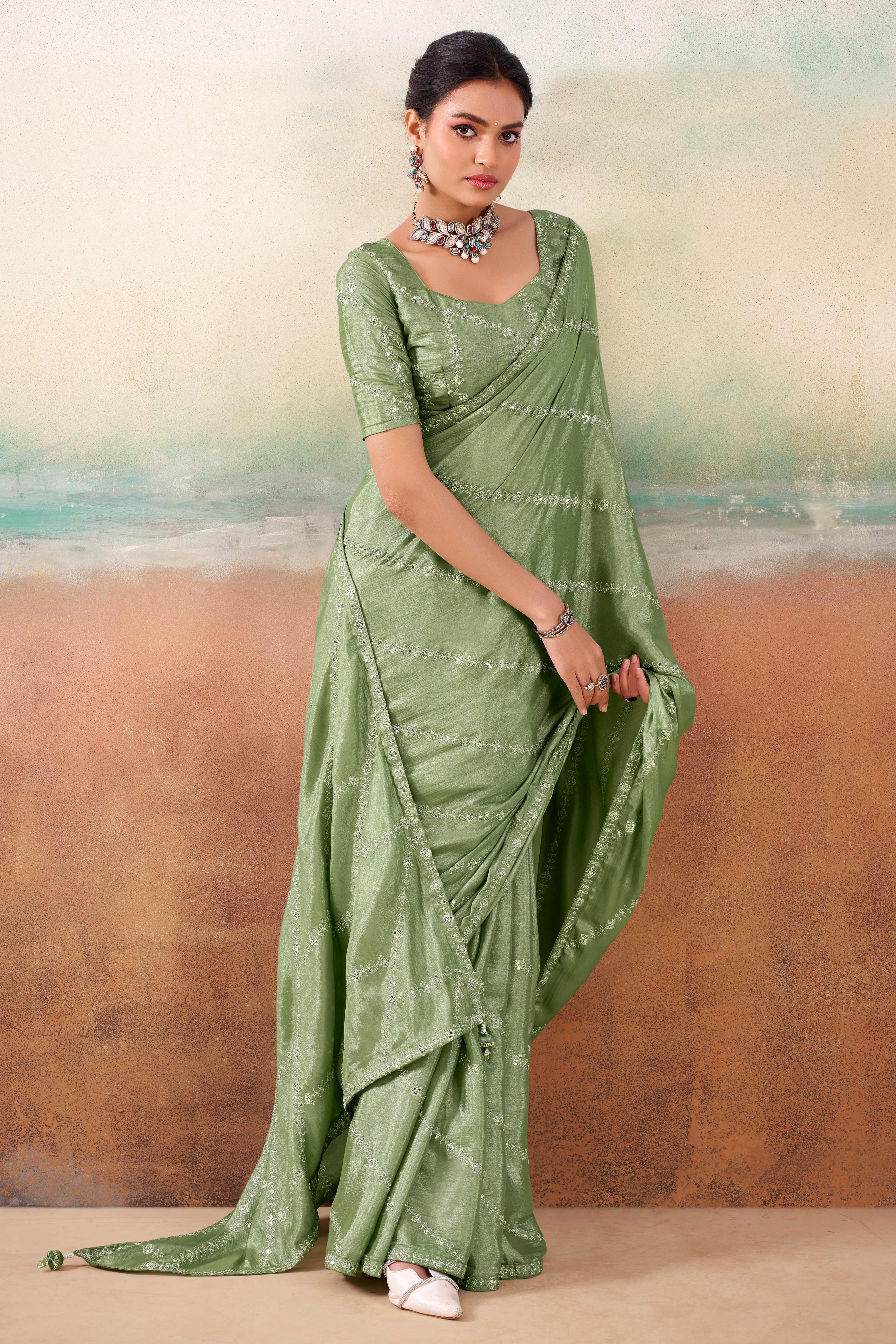Green Two Tone Chiffon Saree Adorned With Floral Cording Embroidery & Sequins Work