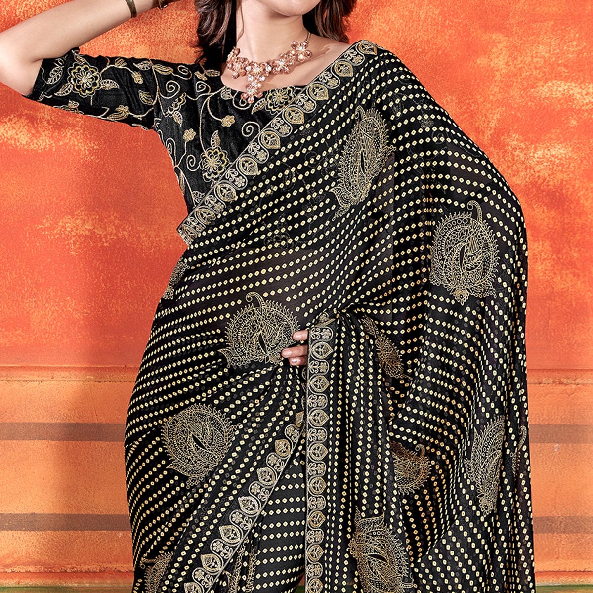 Black Bandhani Printed Chiffon Saree With Embroidered Border