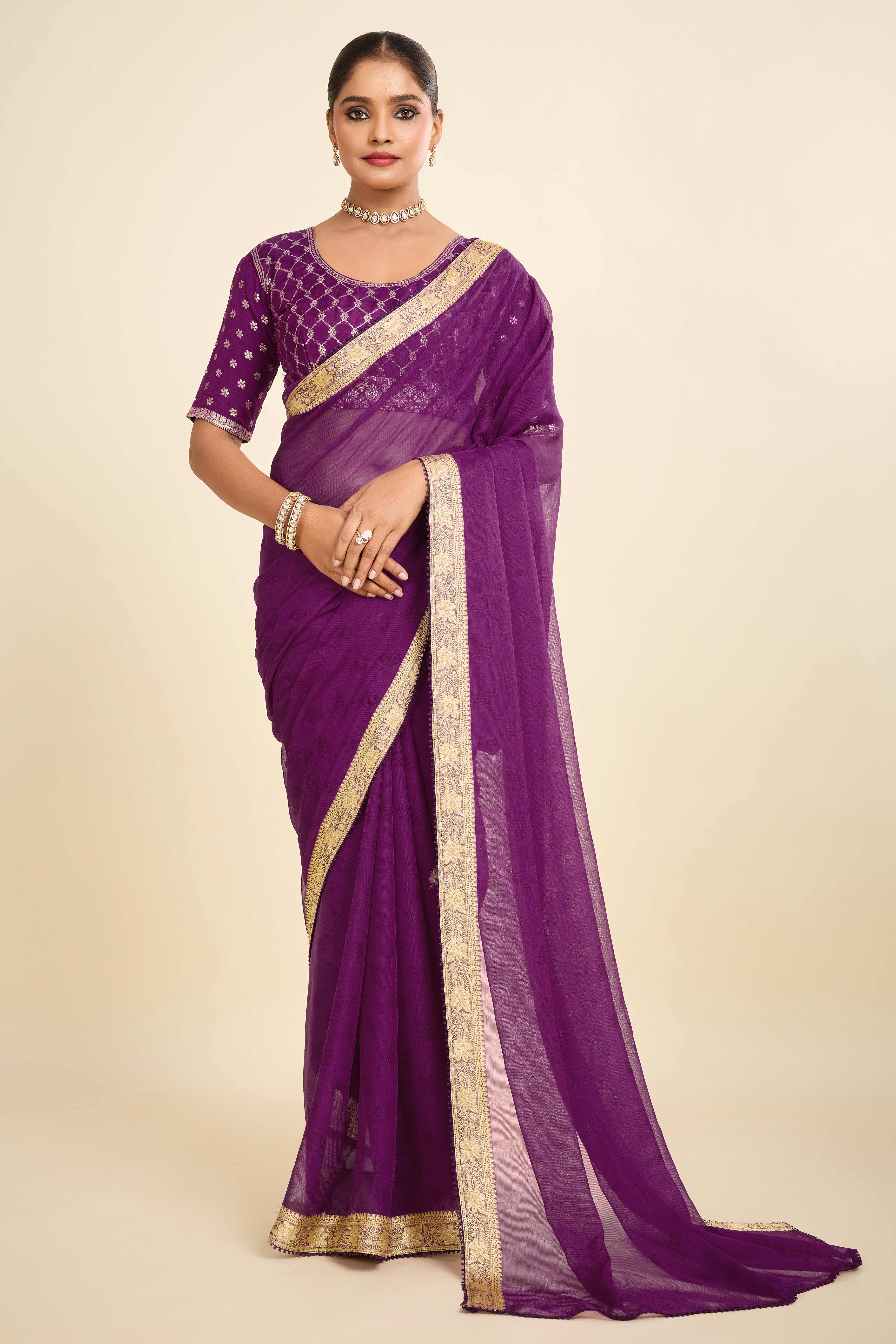 Purple Printed Chiffon Saree with Intricate Woven Edging