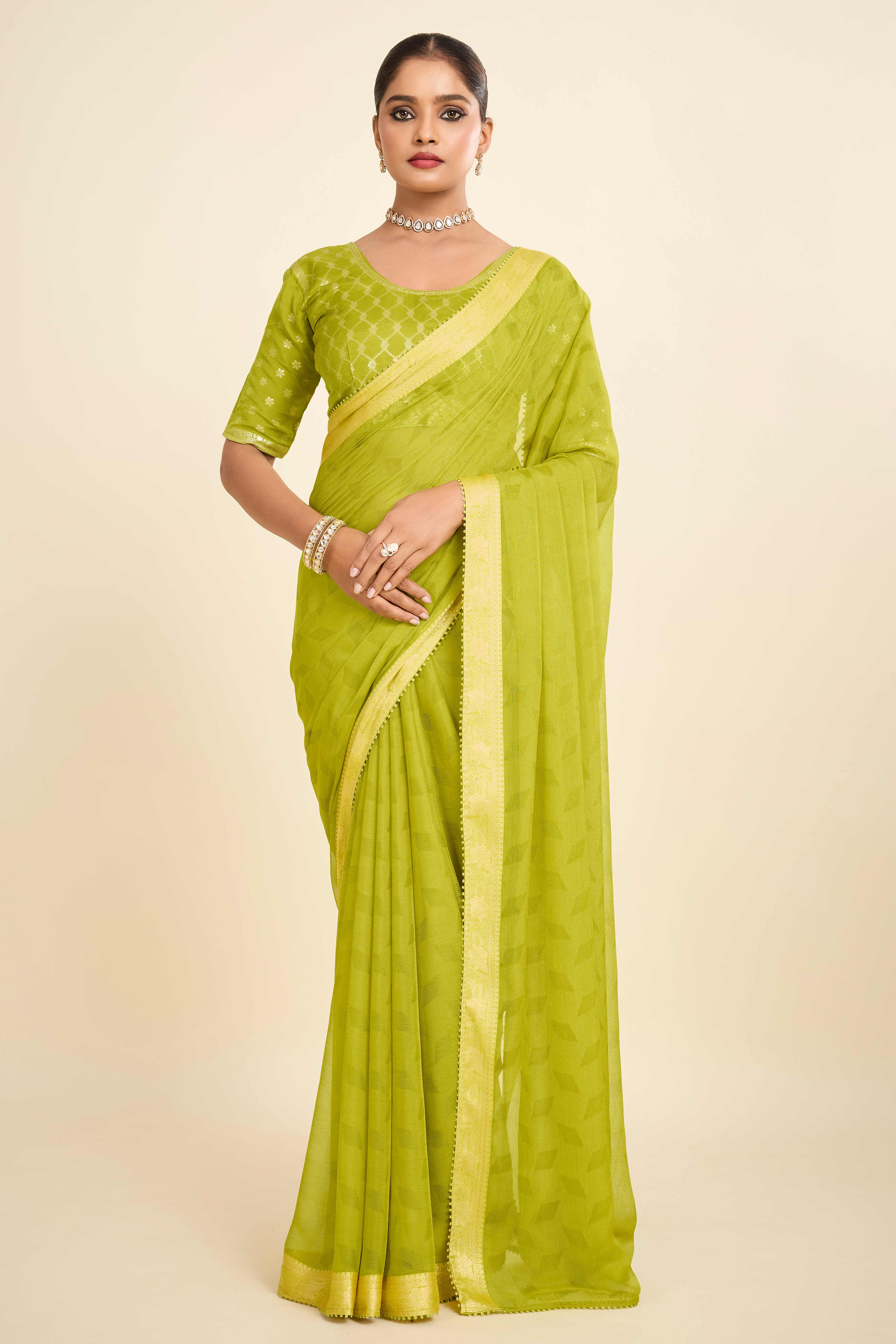 Parrot Green Printed Chiffon Saree with Intricate Woven Edging