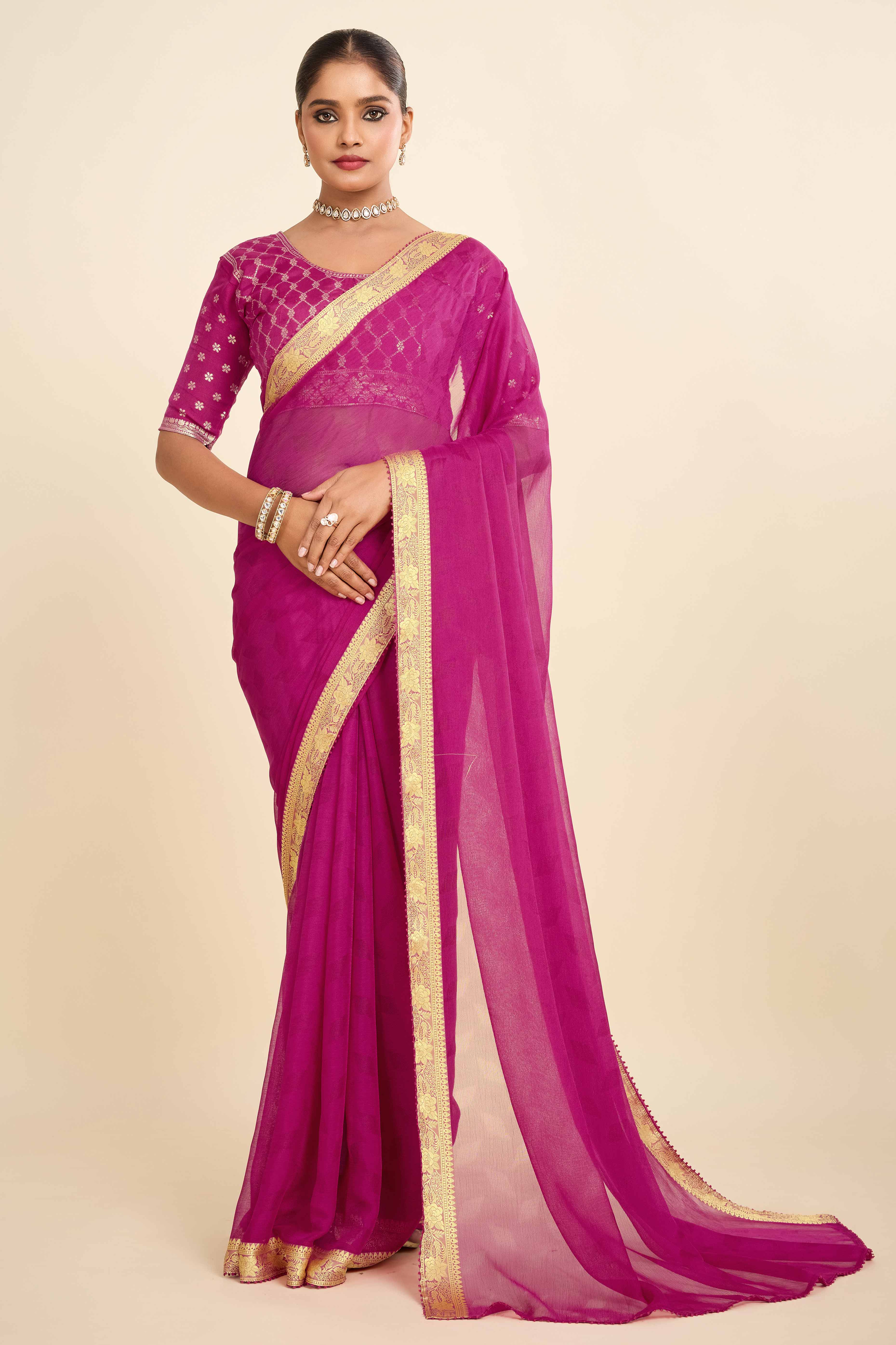 Pink Printed Chiffon Saree with Intricate Woven Edging