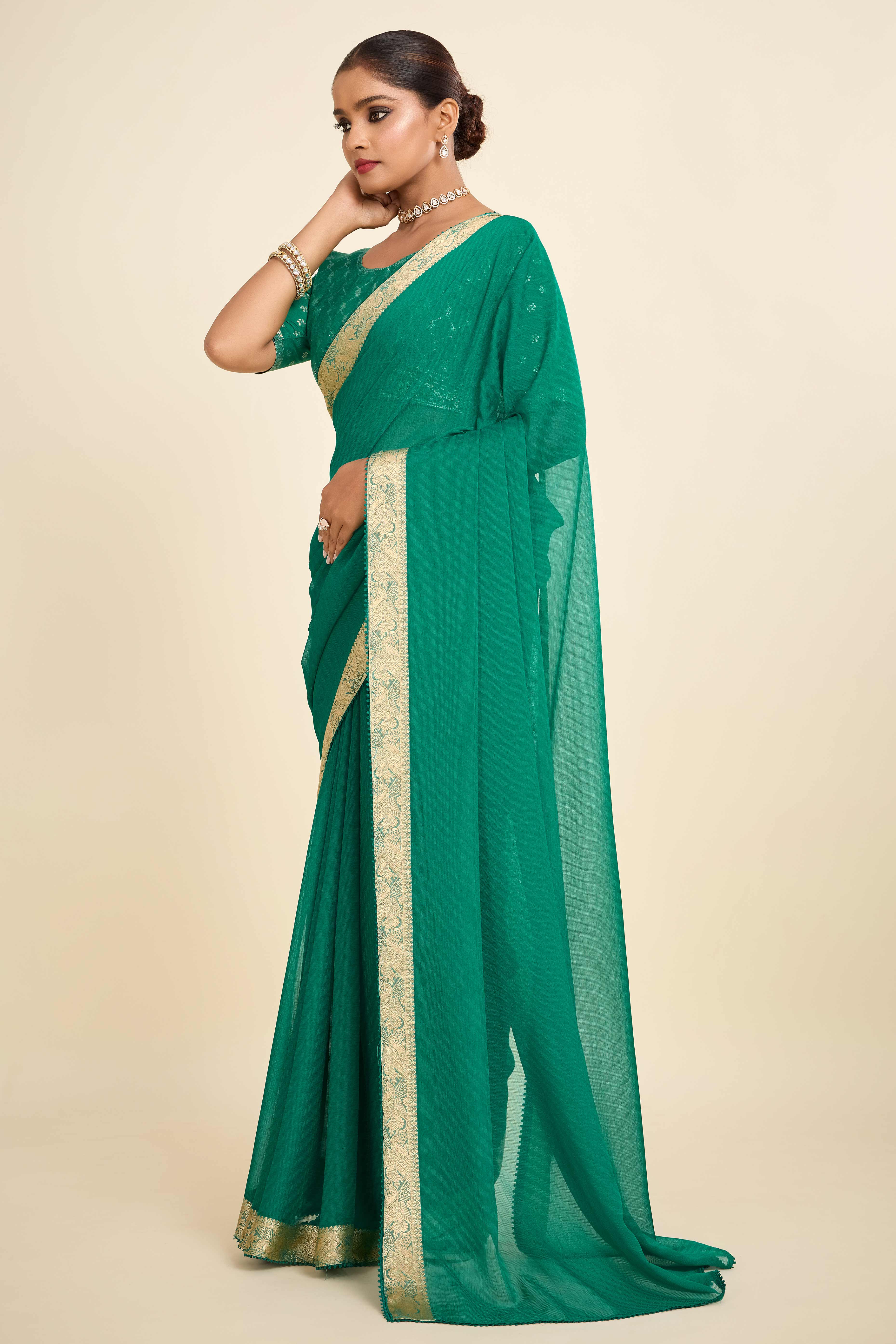 Rama Green Printed Chiffon Saree with Intricate Woven Edging