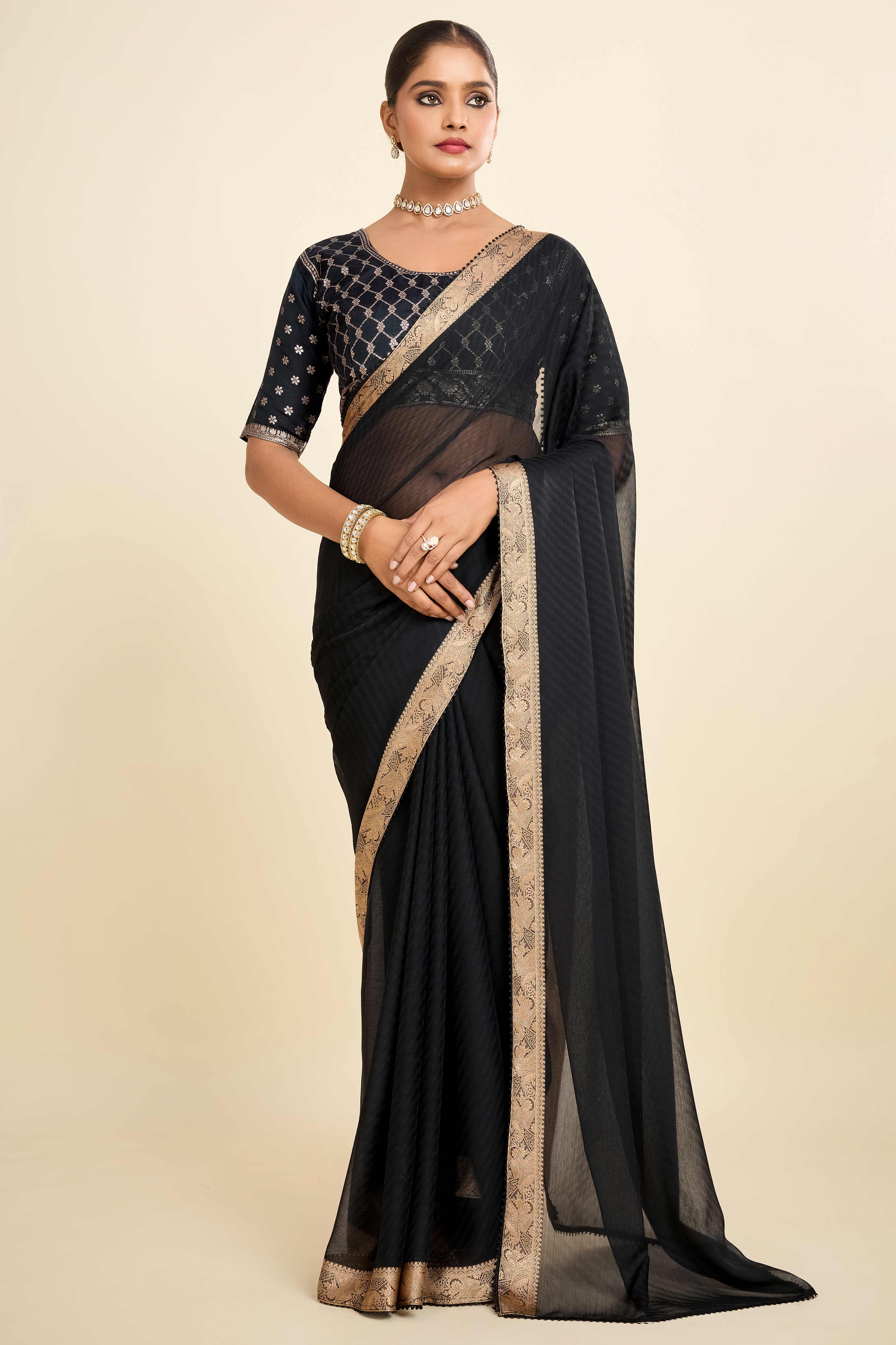 Black Printed Chiffon Saree with Intricate Woven Edging