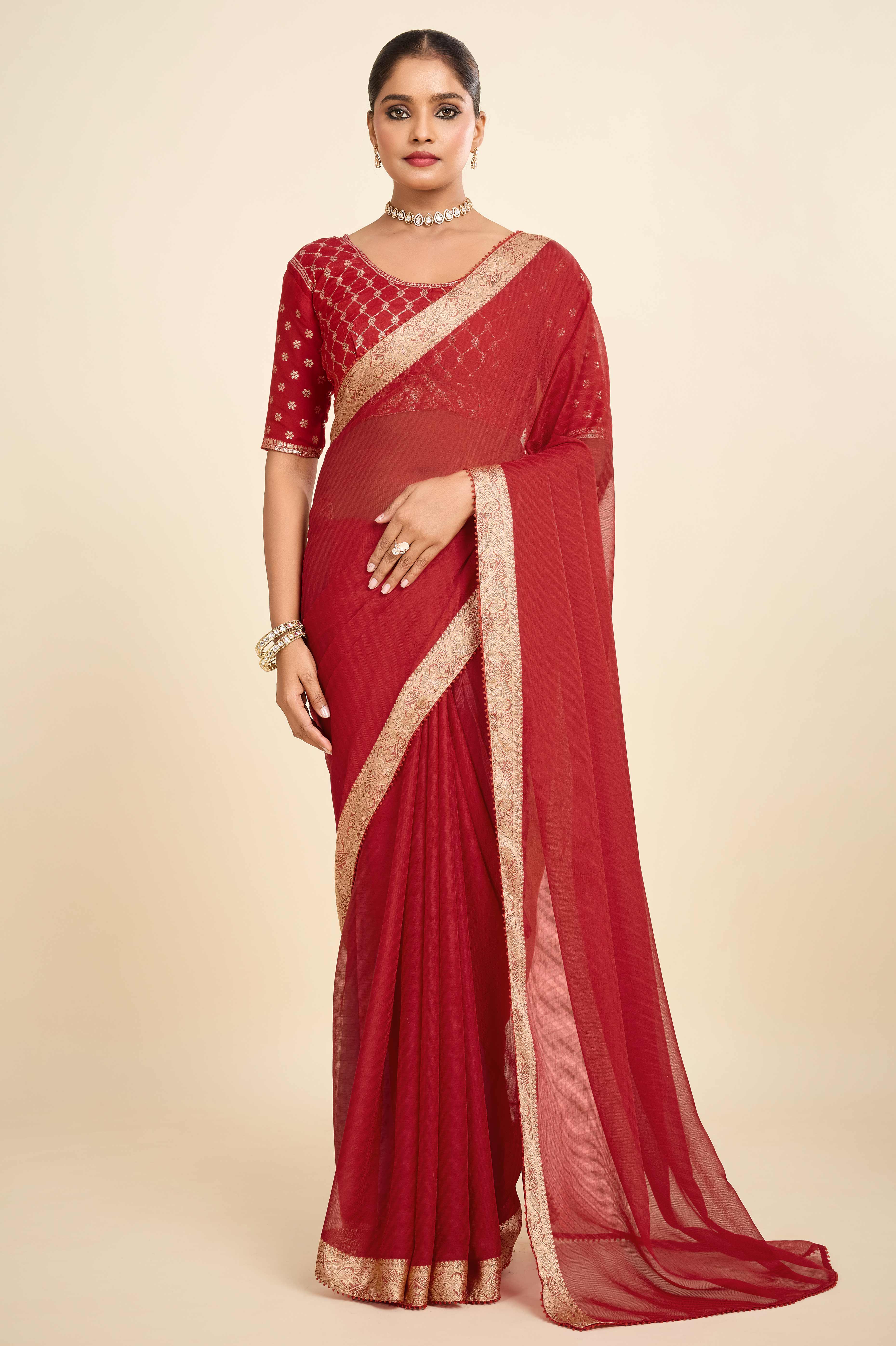 Red Printed Chiffon Saree with Intricate Woven Edging