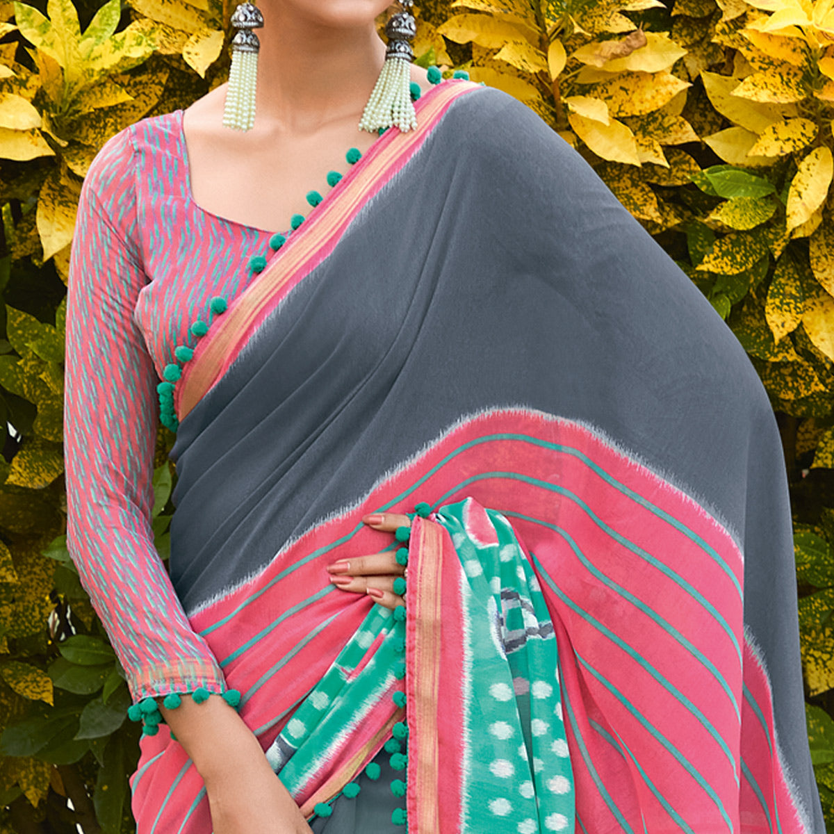 Multicolor Printed Pure Cotton Saree With Pum Pum Border