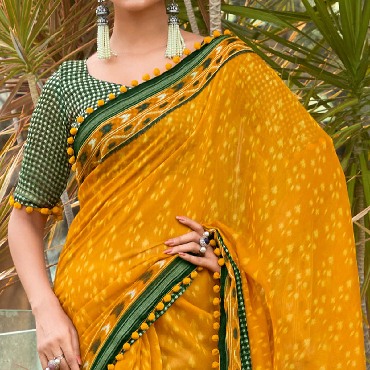 Mustard Printed Pure Cotton Saree With Pum Pum Border