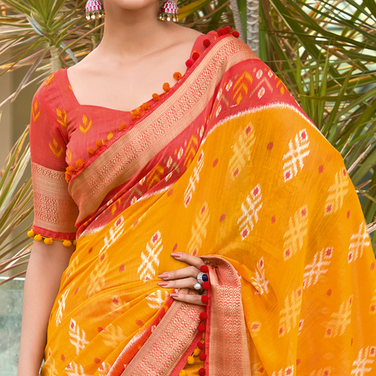 Orange Printed Pure Cotton Saree With Pum Pum Border