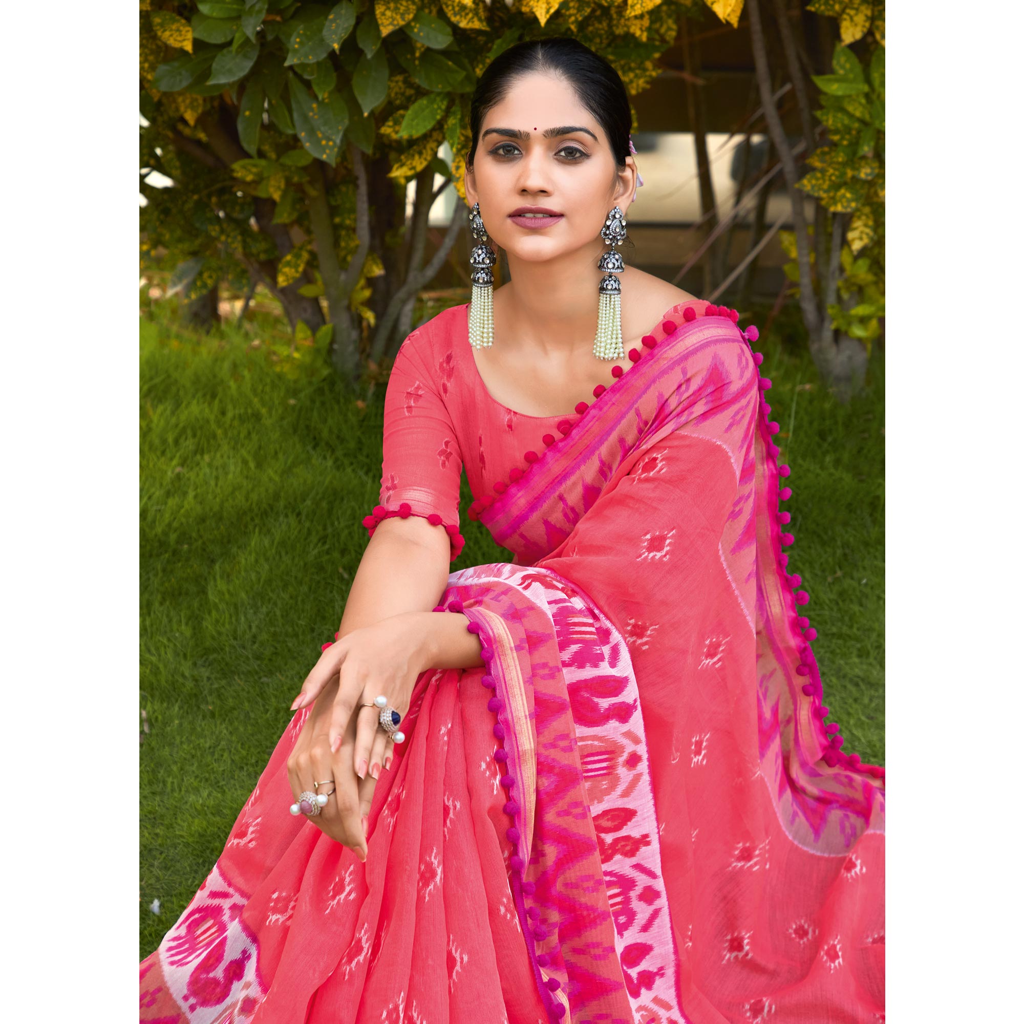 Pink Printed Pure Cotton Saree With Pum Pum Border
