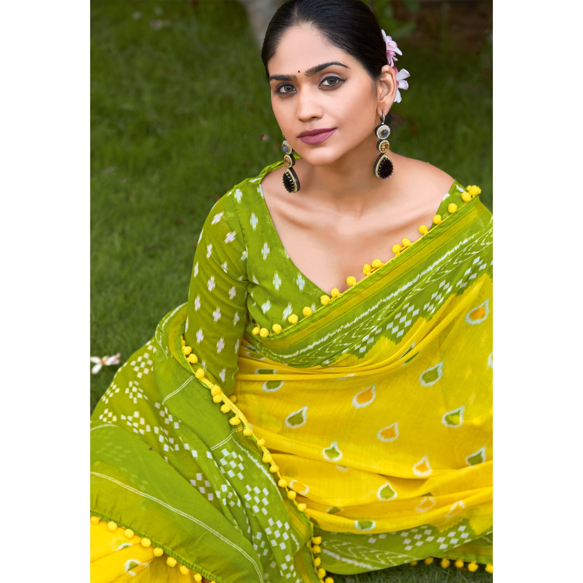 Yellow Printed Pure Cotton Saree With Pum Pum Border
