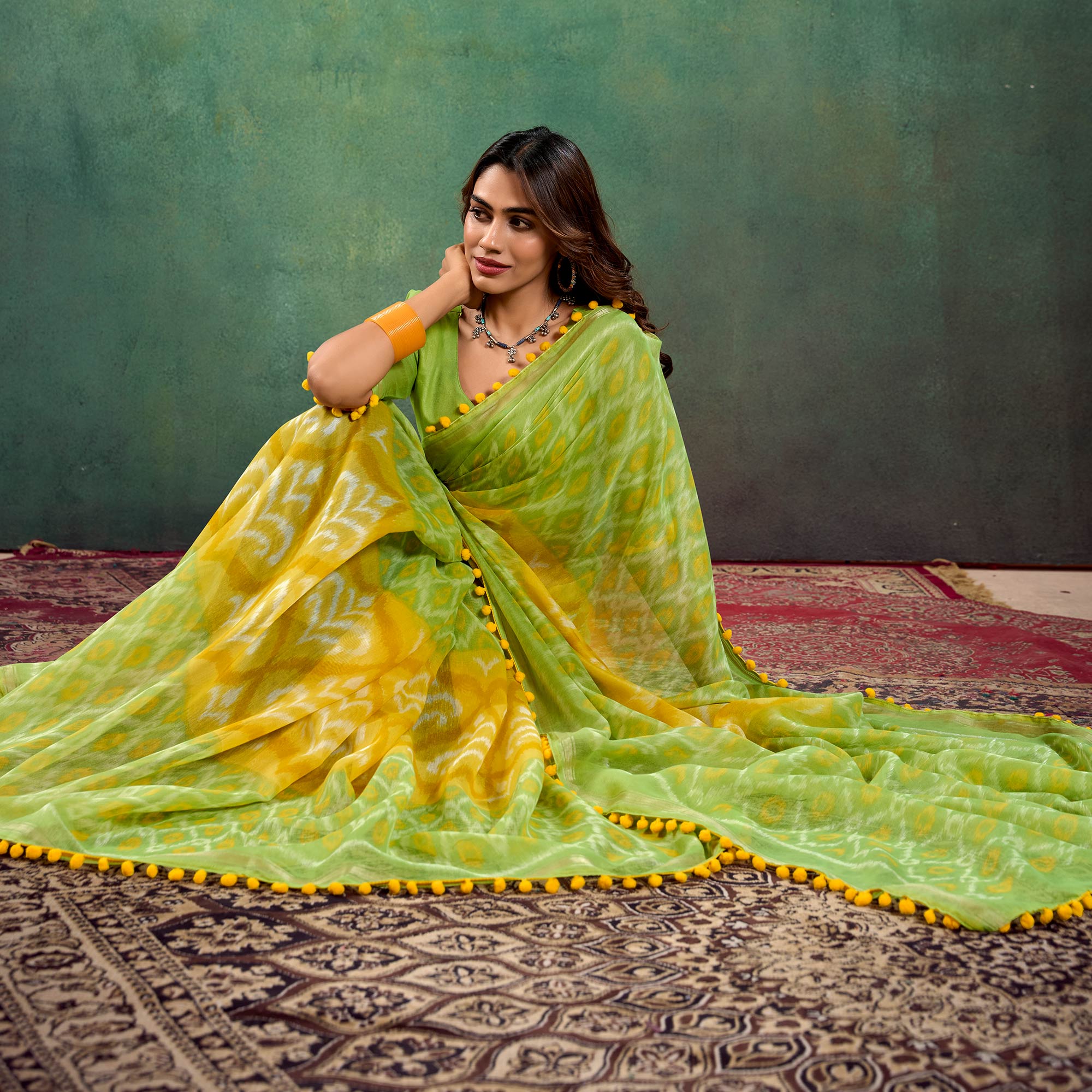 Green & Yellow Ikkat Printed Mul Mul Cotton Saree