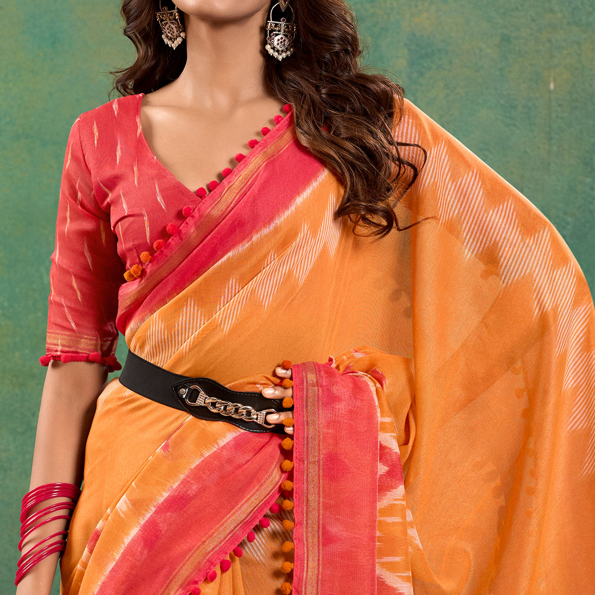 Orange Ikkat Printed Mul Mul Cotton Saree