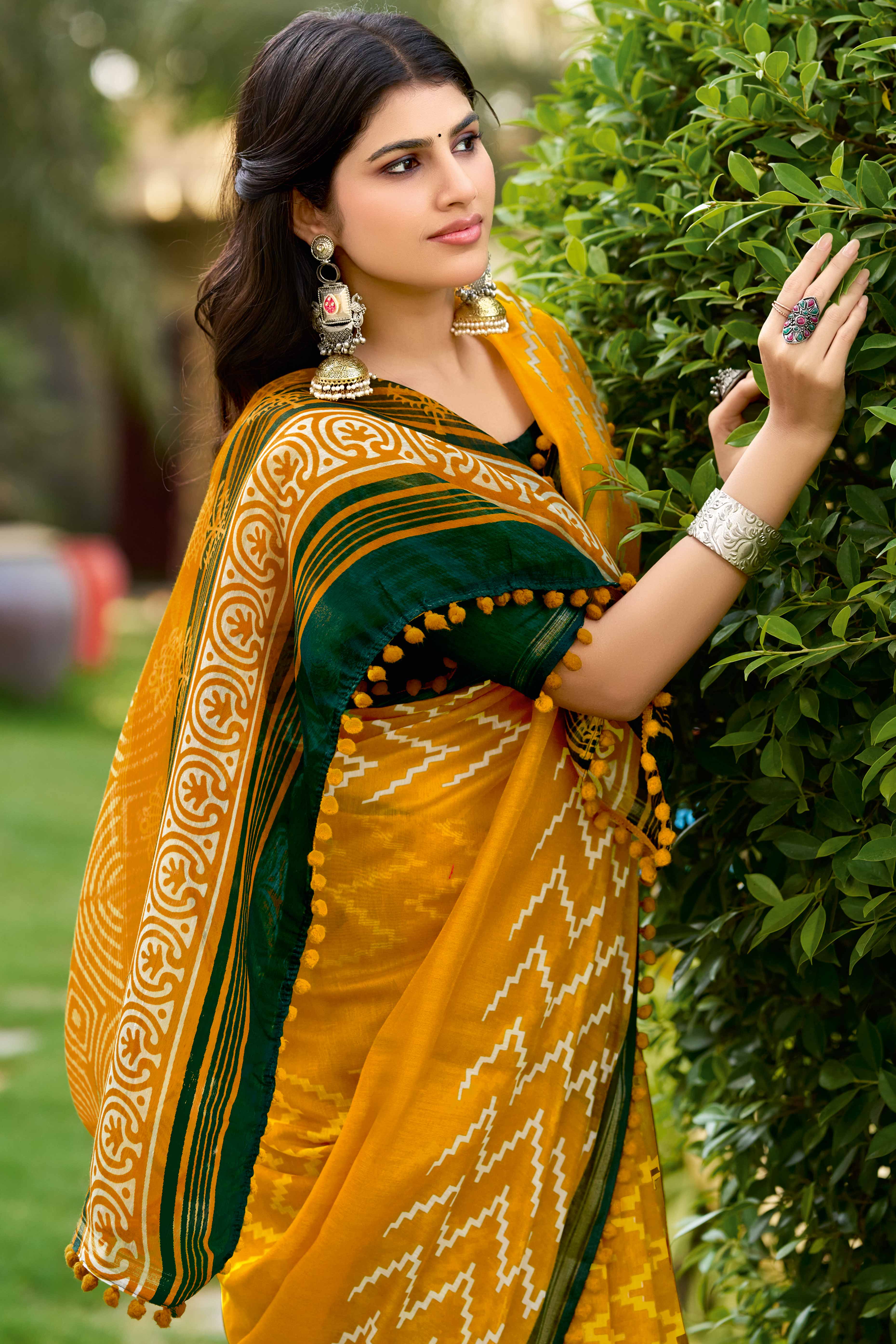 Comfortable Mustard Zig-Zag Printed Saree in Pure Mul Cotton
