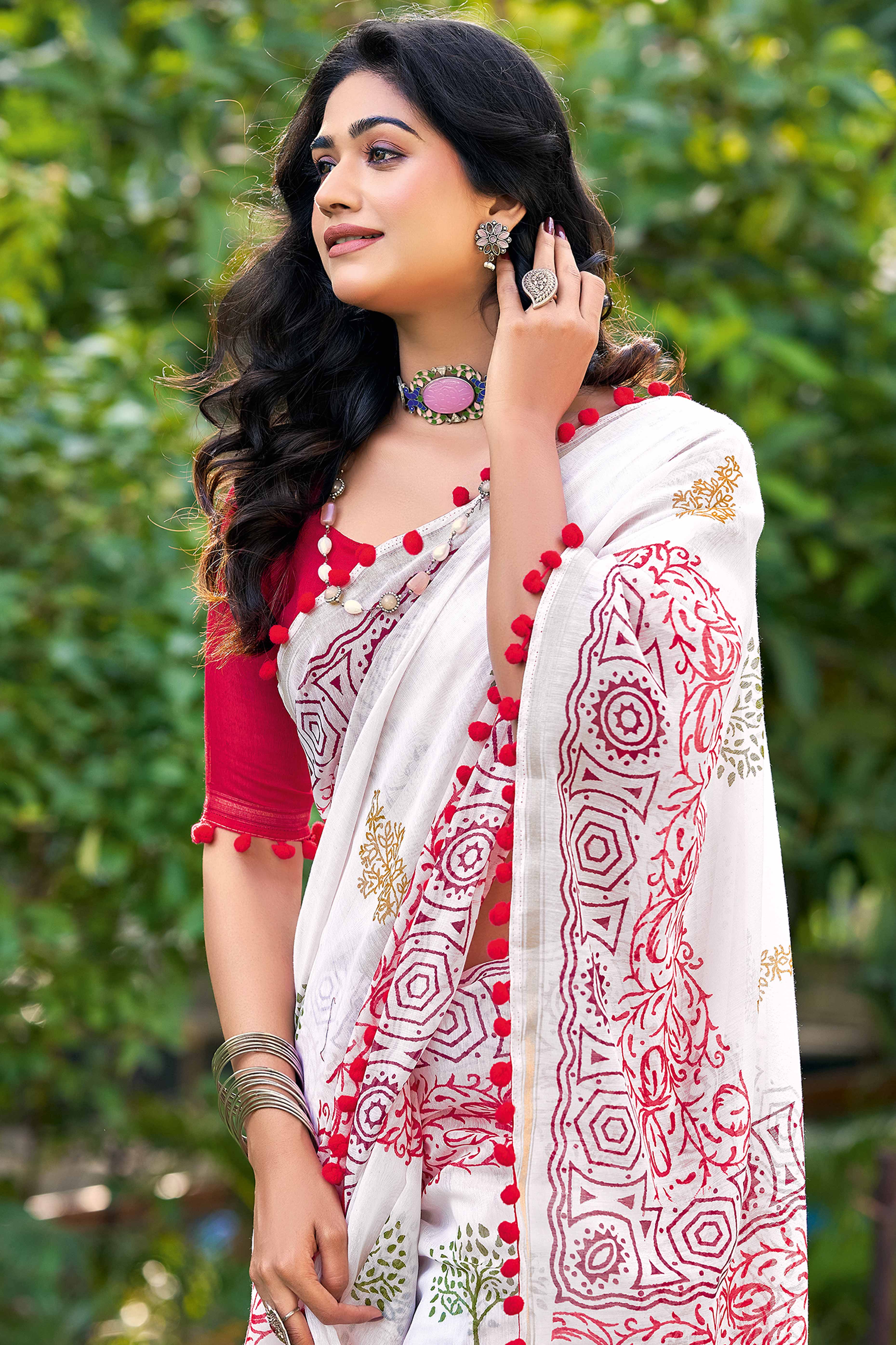 White Saree in Soft Mulmul Cotton with Abstract Motifs