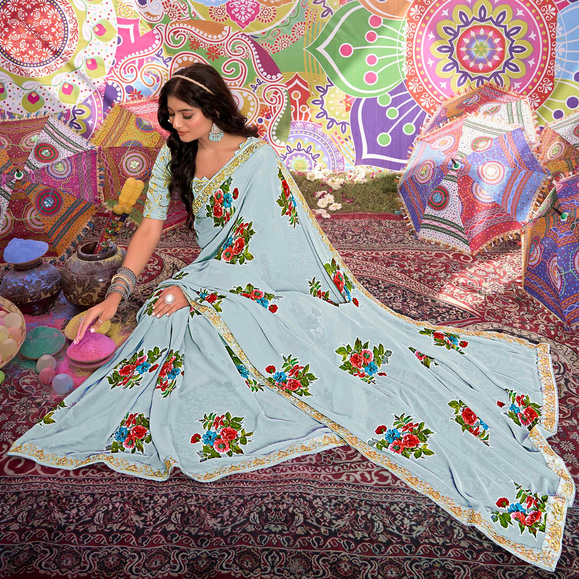 Blue Floral Printed Georgette Saree With Sequins Work Border