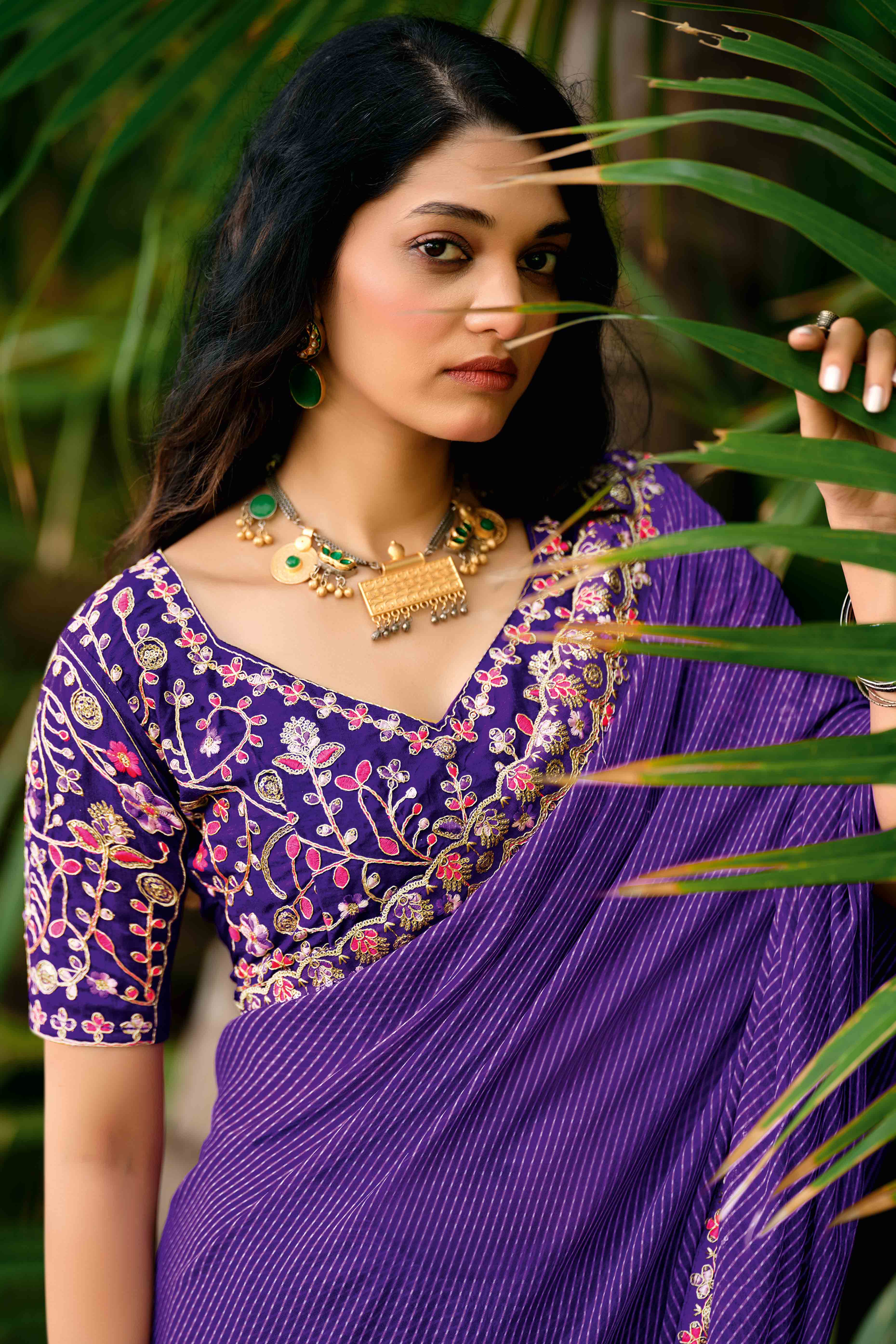 Royal Purple Striped Printed Georgette Saree With Shimmering Sequin Embroidered Border