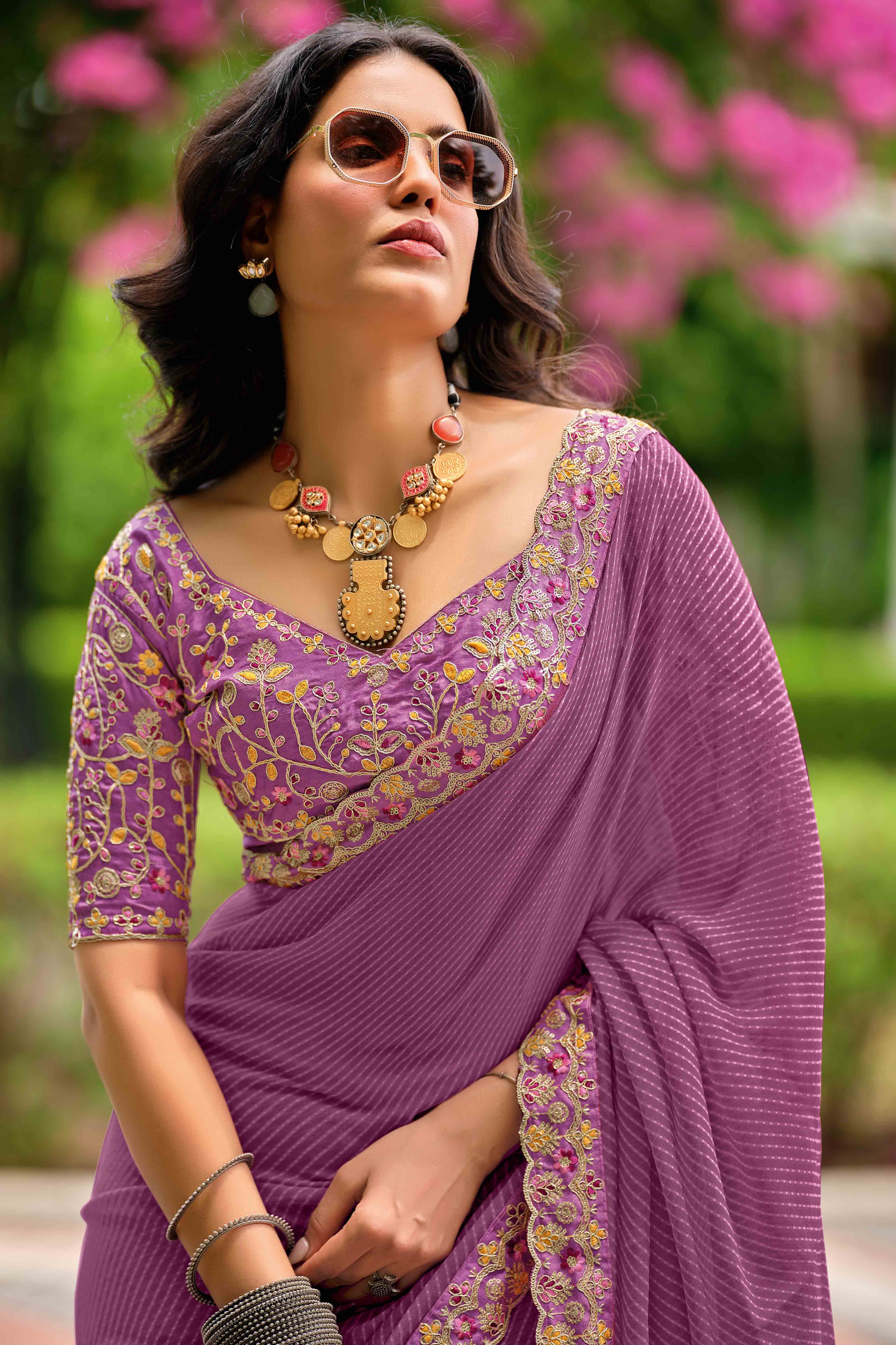 Lavender Striped Printed Georgette Saree With Shimmering Sequin Embroidered Border