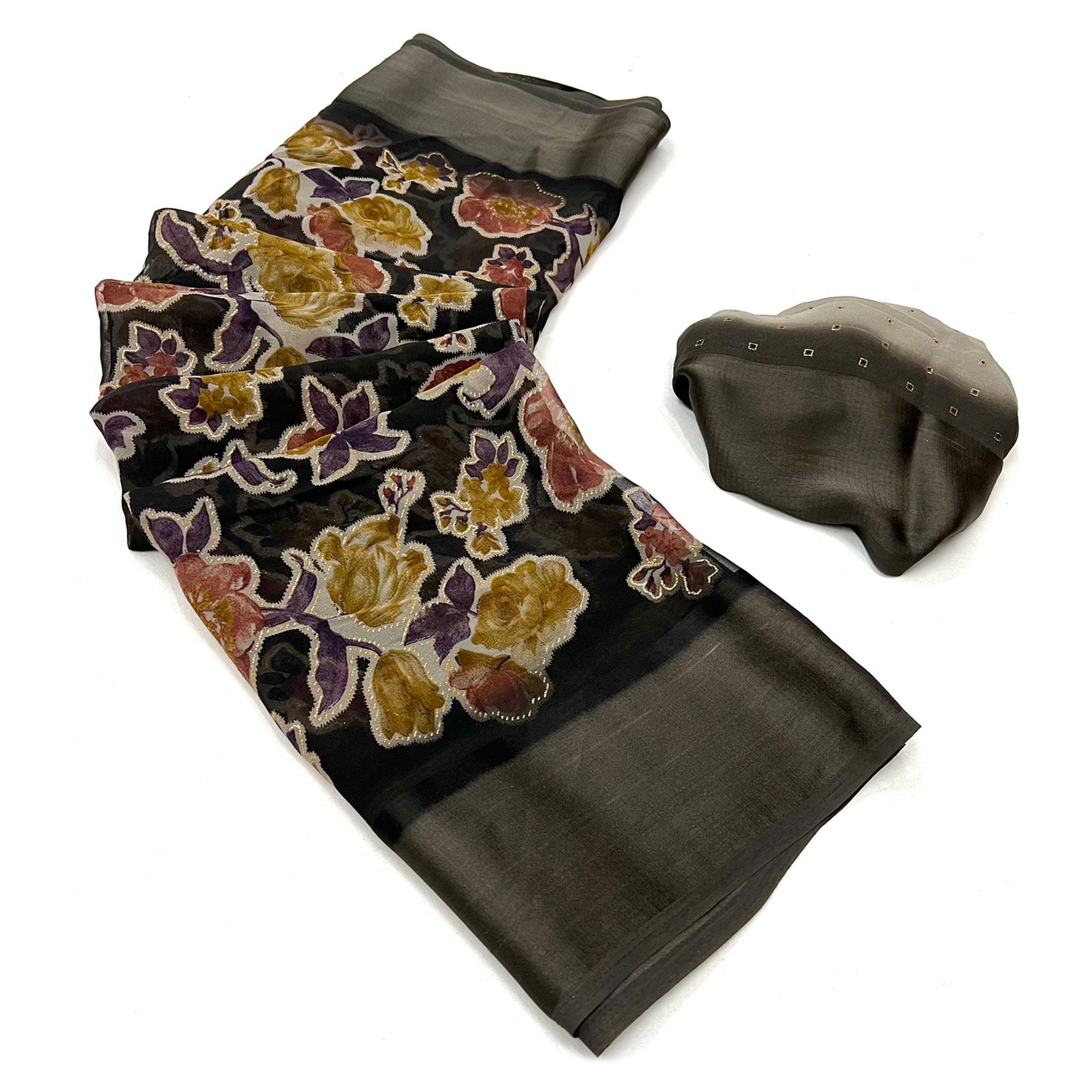 Black Floral Foil Printed Cotton Silk Saree