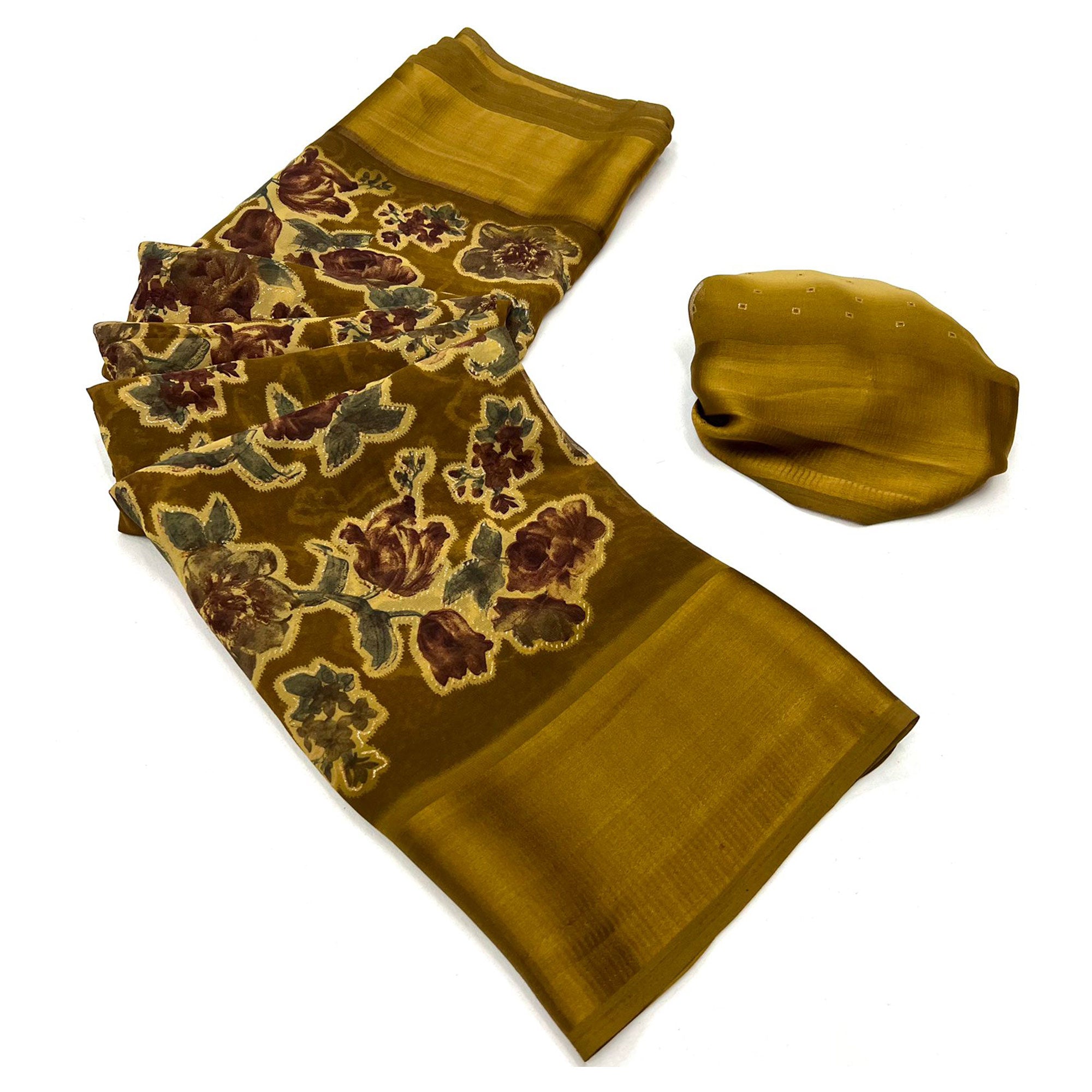 Olive Floral Foil Printed Cotton Silk Saree
