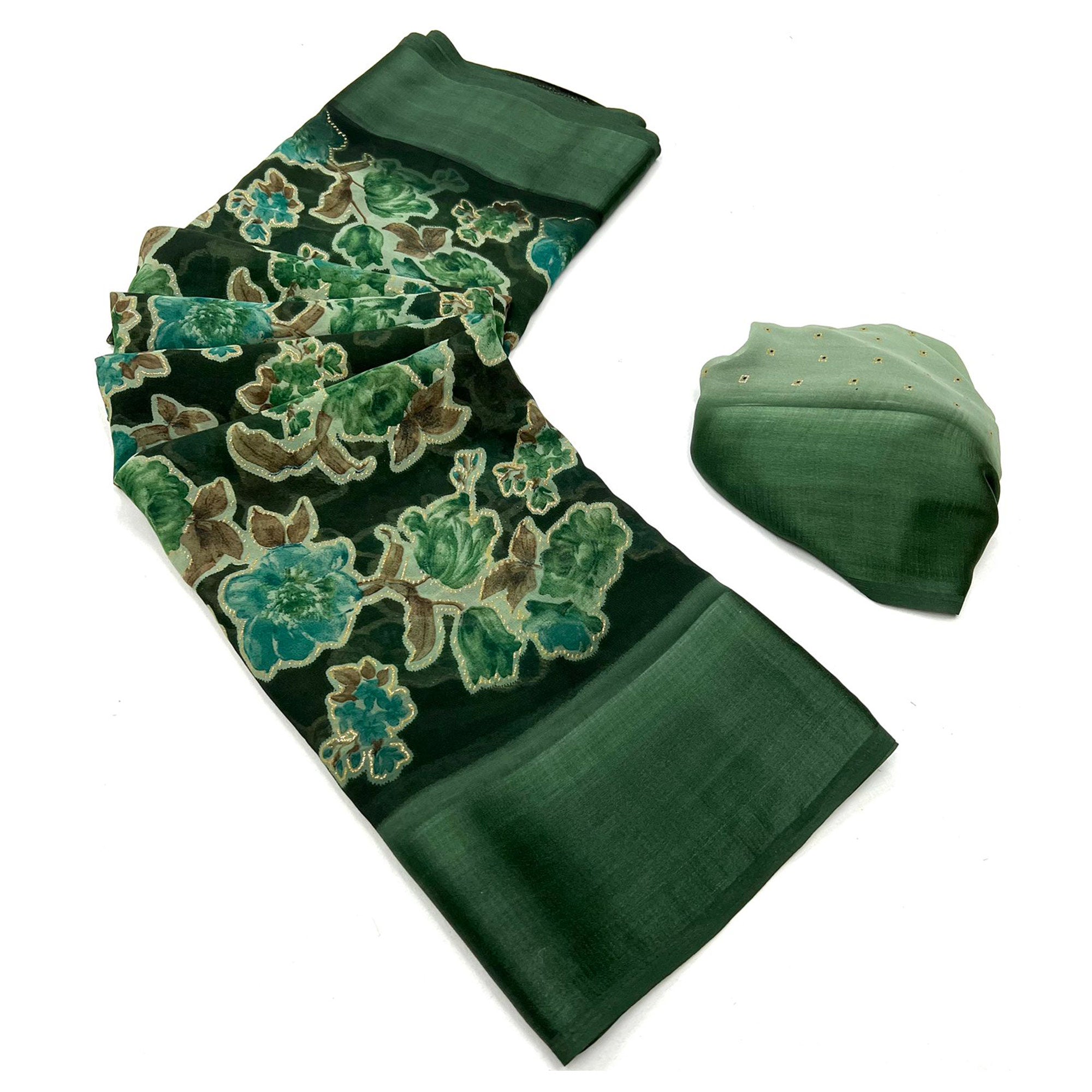 Green Floral Foil Printed Cotton Silk Saree