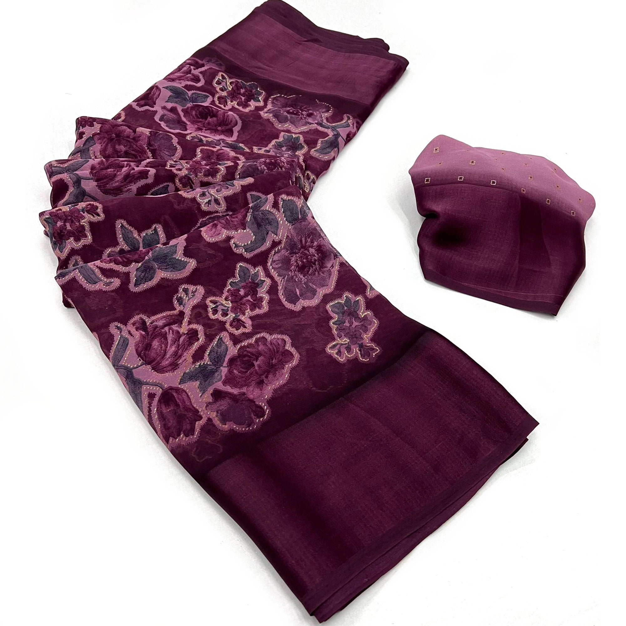 Wine Floral Foil Printed Cotton Silk Saree