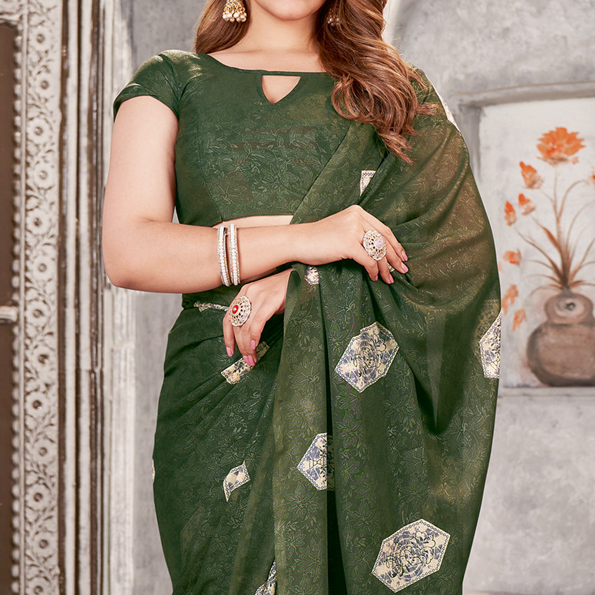 Green Floral Printed Chiffon Saree