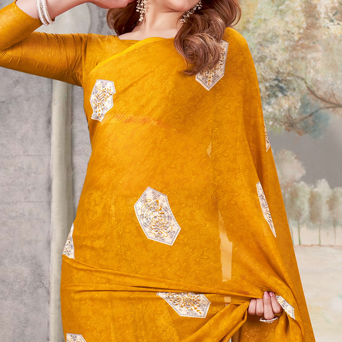 Mustard Floral Printed Chiffon Saree
