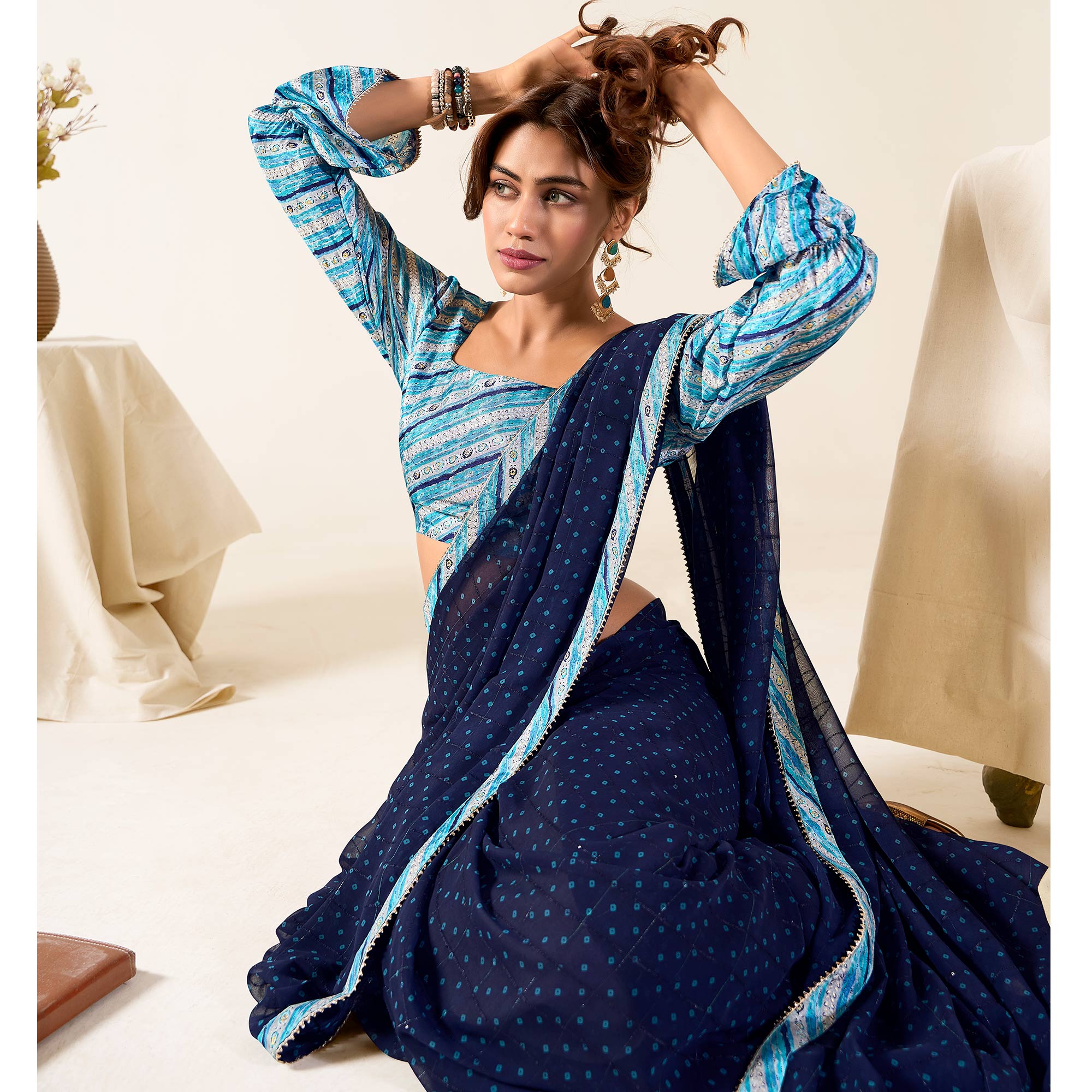 Blue Printed With Woven Georgette Saree With Tassels