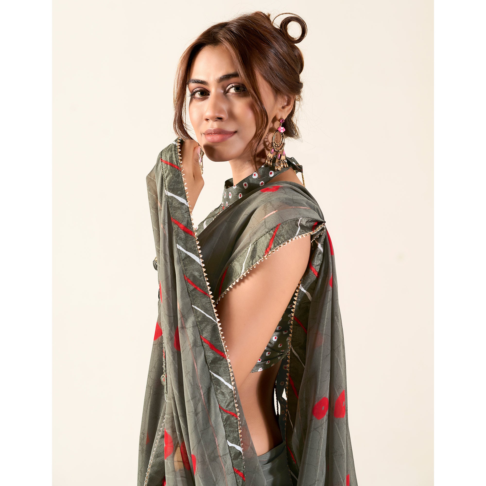 Grey Printed With Woven Georgette Saree With Tassels