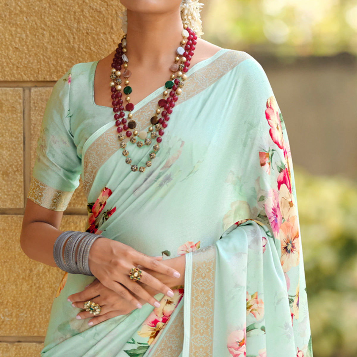 Sea Green Floral Digital Printed Viscose Saree With Zari Border
