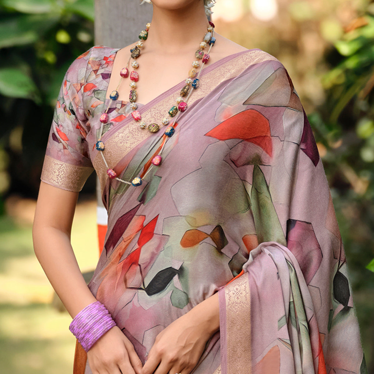 Mauve Floral Digital Printed Viscose Saree With Zari Border