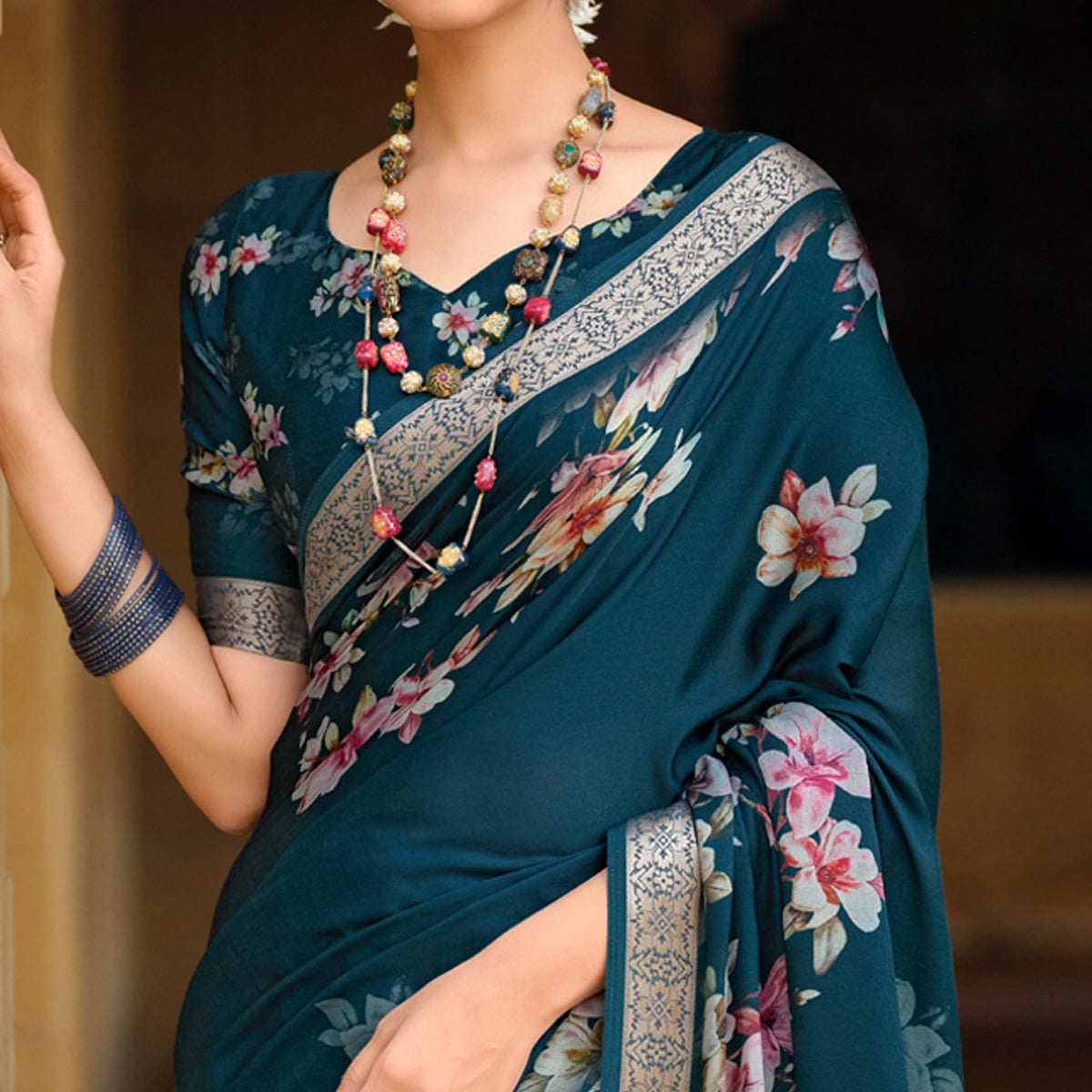 Teal Floral Digital Printed Viscose Saree With Zari Border