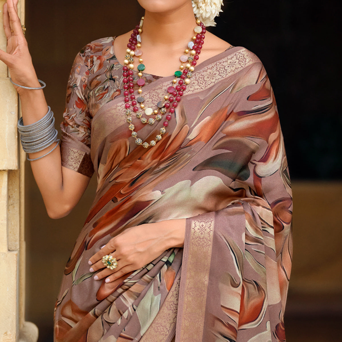 Rosy Brown Floral Digital Printed Viscose Saree With Zari Border