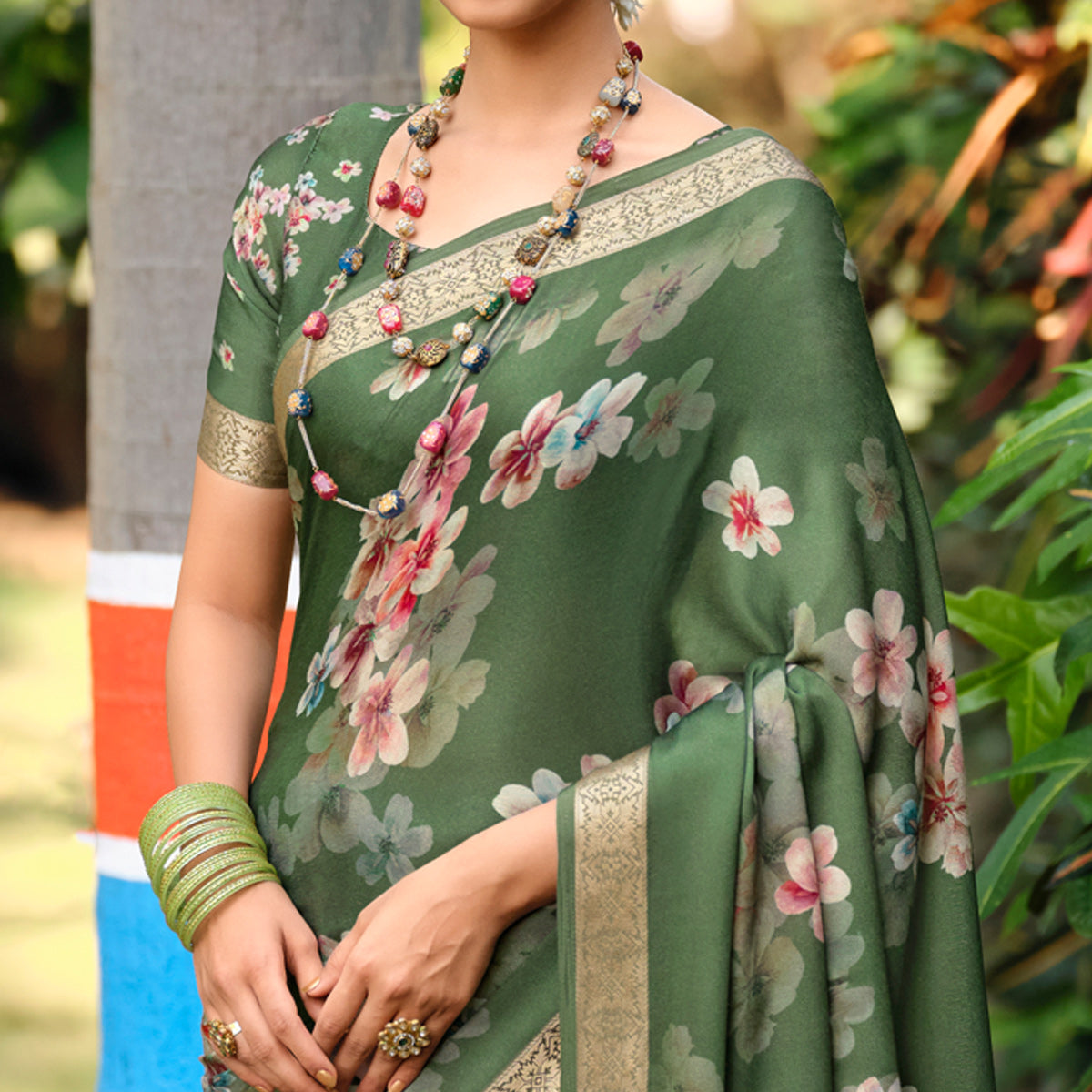 Green Floral Digital Printed Viscose Saree With Zari Border