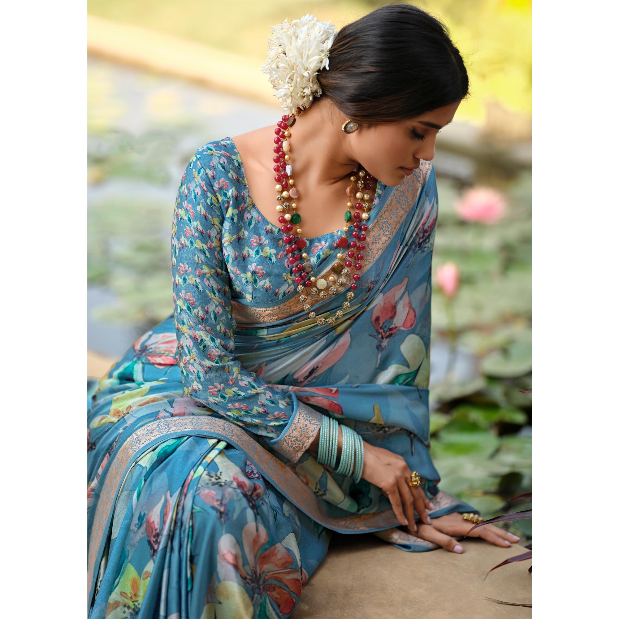 Blue Floral Digital Printed Viscose Saree With Zari Border