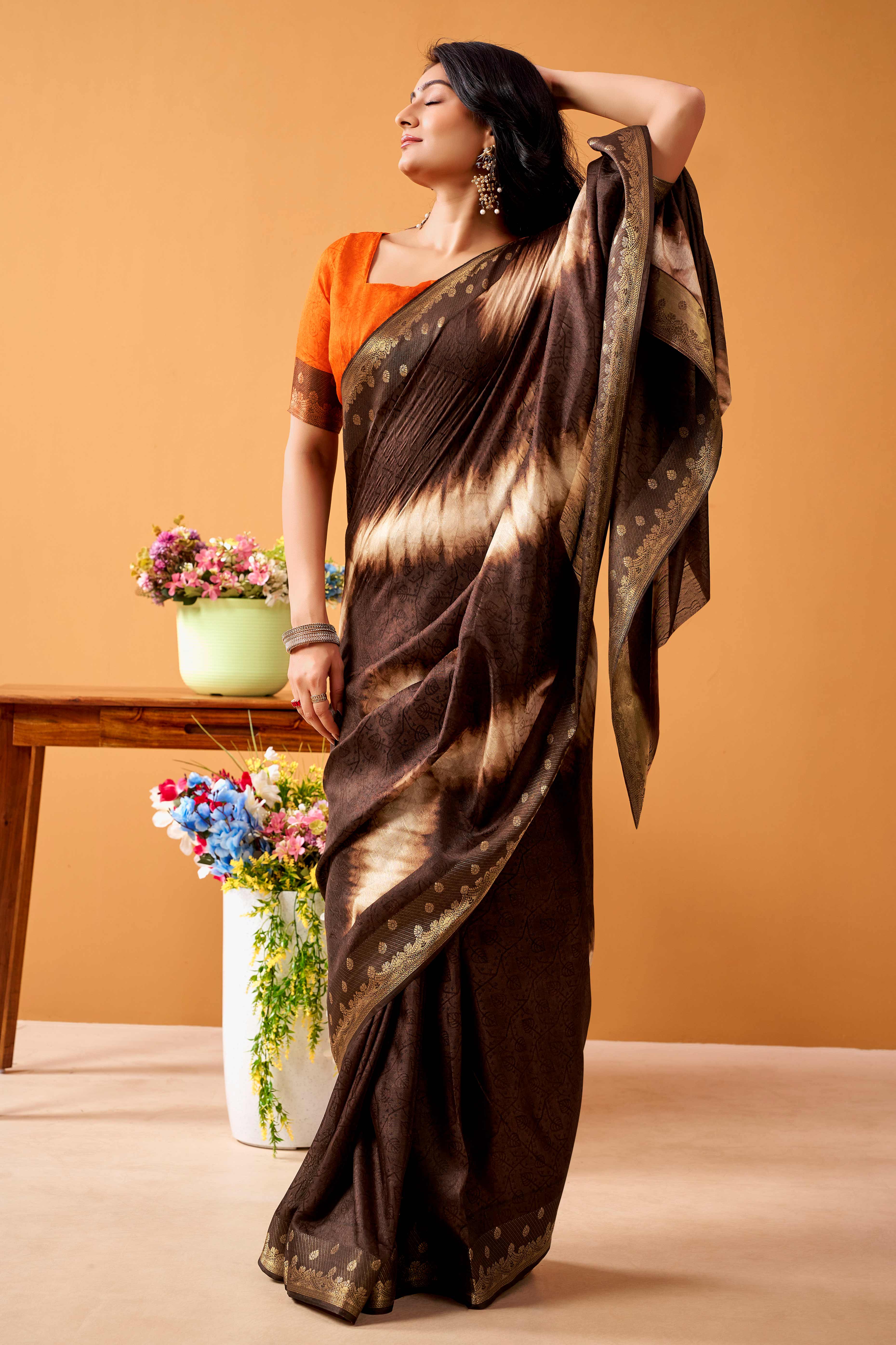 Luxurious Brown Tussar Silk Saree Featuring Traditional Abstract Print & Peacock Jacquard Border